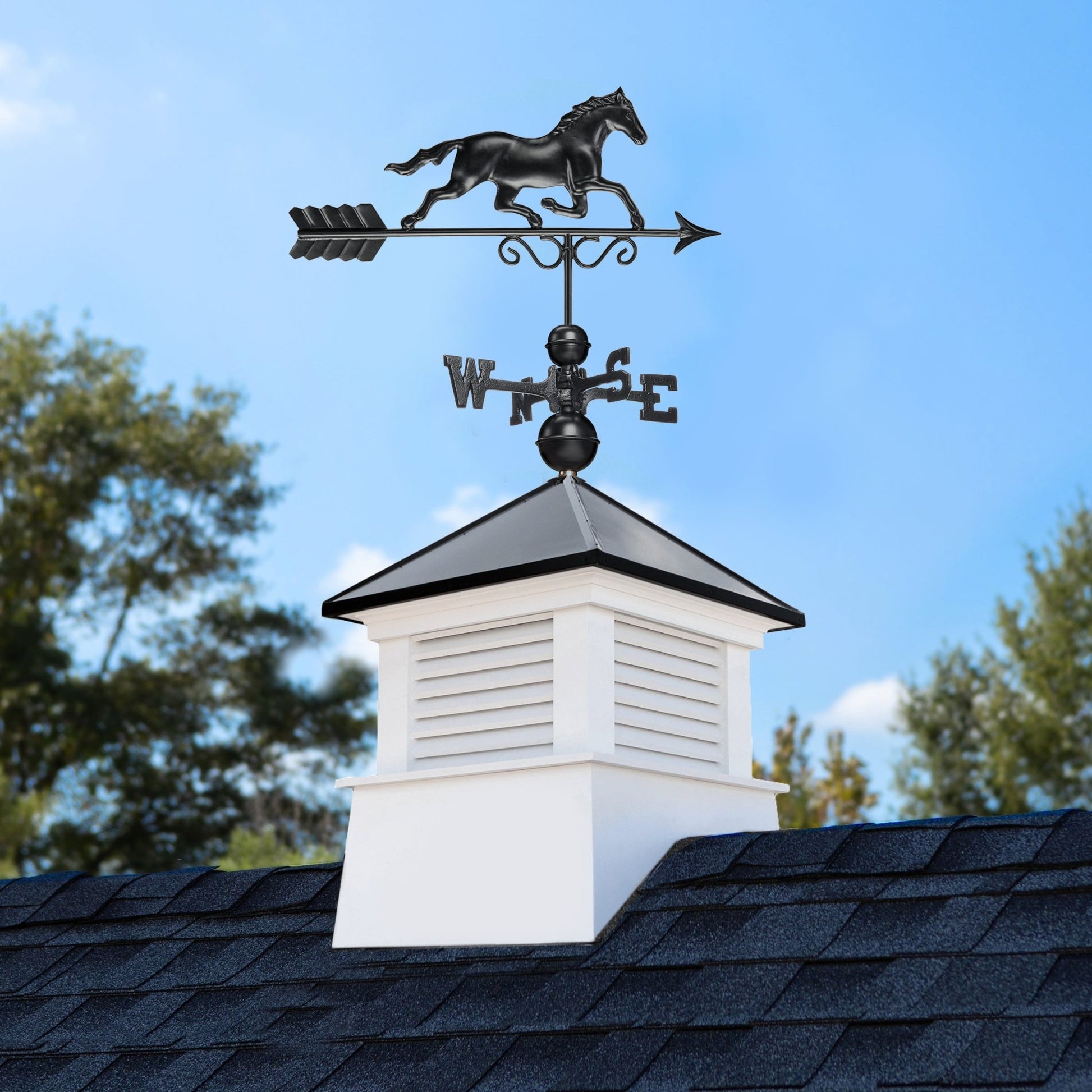 18" Square Manchester Vinyl Cupola with Black Aluminum roof and Black Aluminum Horse - Good Directions