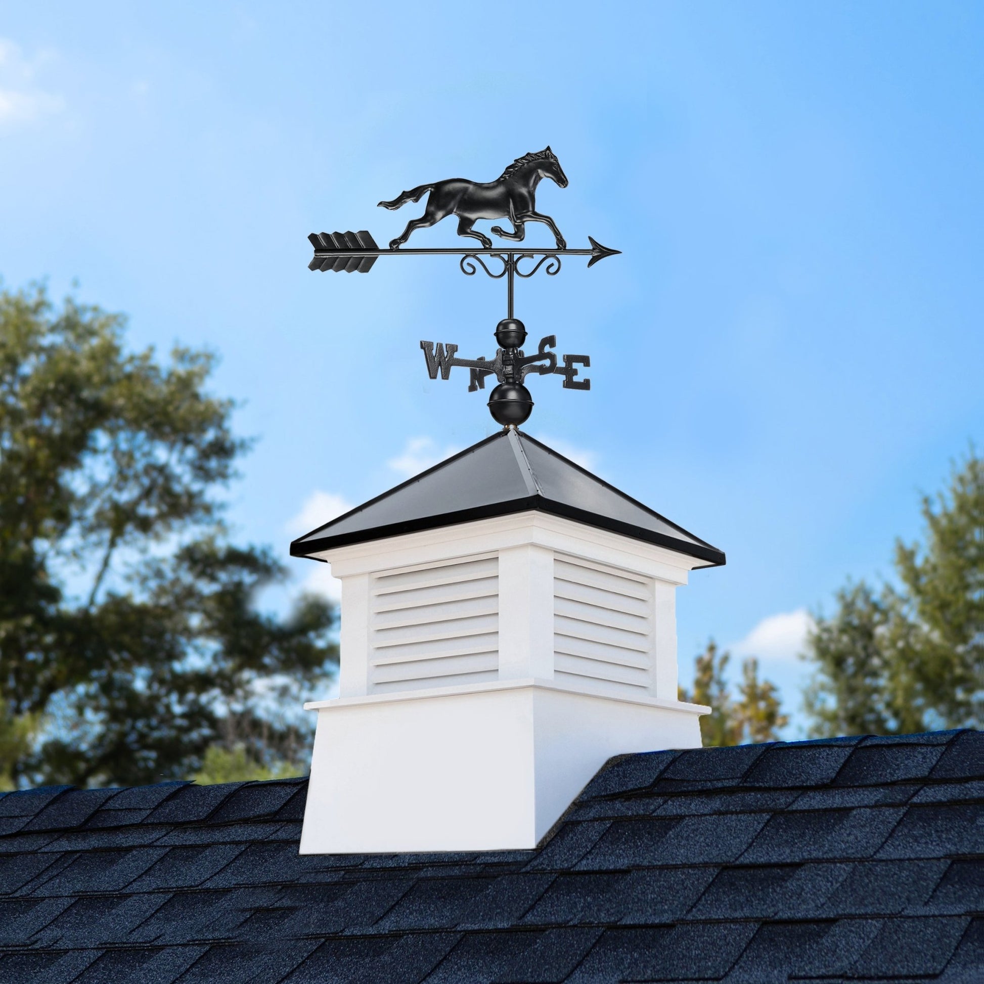 30" Square Manchester Vinyl Cupola with Black Aluminum roof and Black Aluminum Horse - Good Directions