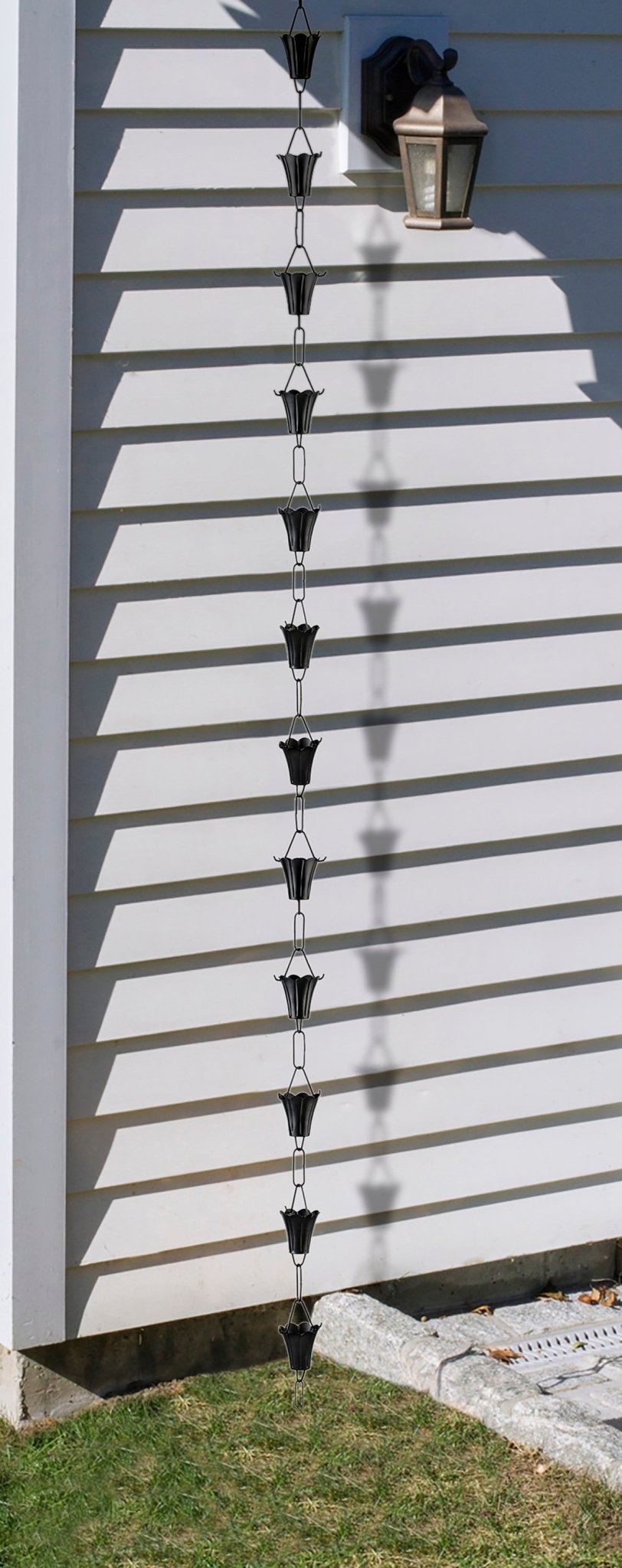 Fluted Flower Black Aluminum 8.5 ft. Rain Chain with Gutter Installation Clip - Good Directions