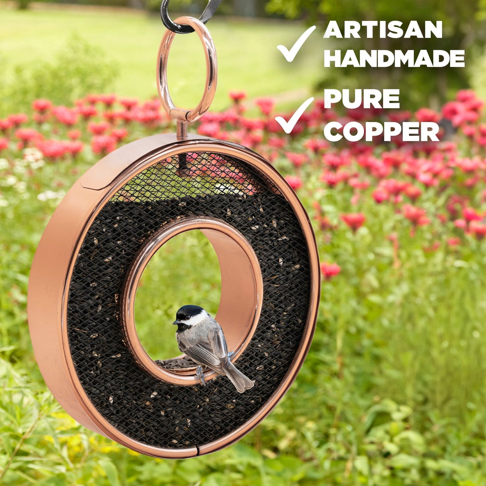 Copper Circle Fly - Thru Copper Bird Feeder with Mesh Panels - Good Directions