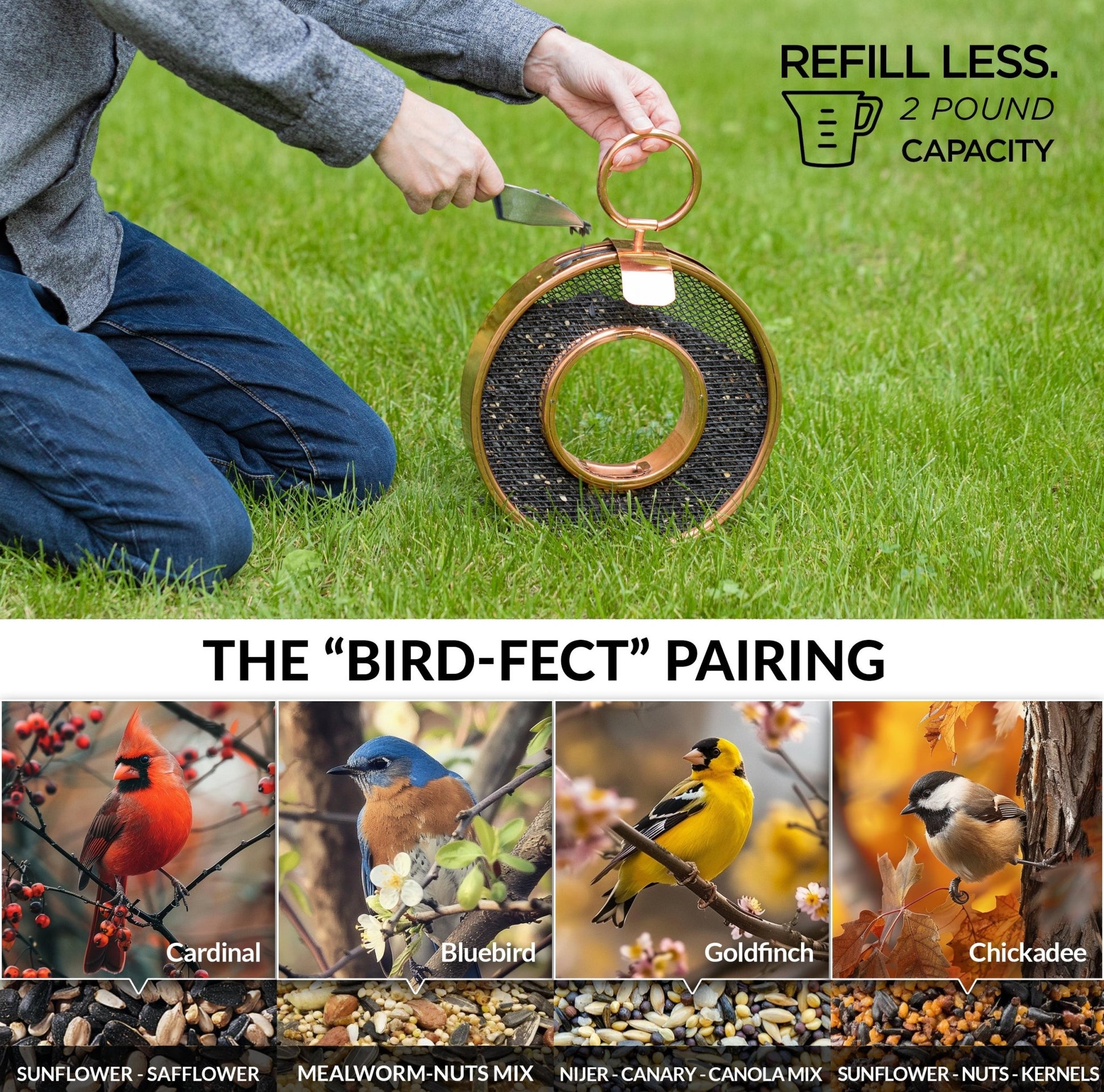 Copper Circle Fly - Thru Copper Bird Feeder with Mesh Panels - Good Directions