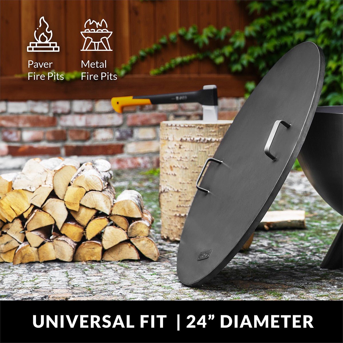Fire Pit Round Cover Lid, 2mm Thickness, Fire Snuffer in Powder Coated Finish Rust Resistant, Drop-in Burner Fire Pit Pan Lid, Grill Fire Ring Lid with Handle, 24“� inch Diameter - Good Directions