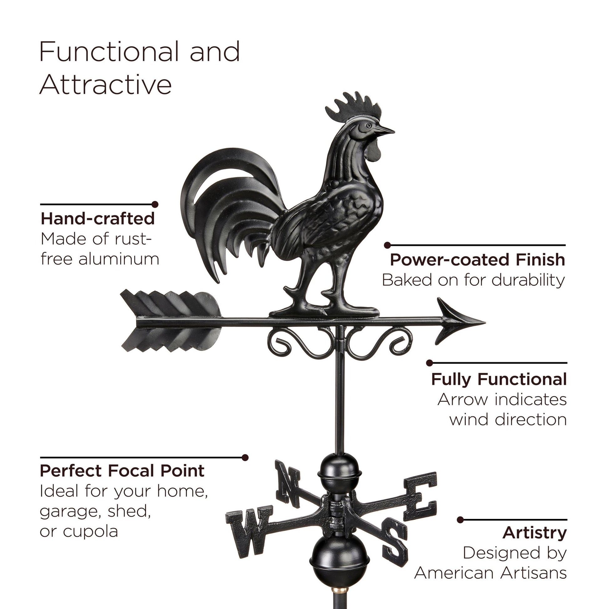 30" Square Manchester Vinyl Cupola with Black Aluminum roof and Black Aluminum Rooster Weathervane - Good Directions
