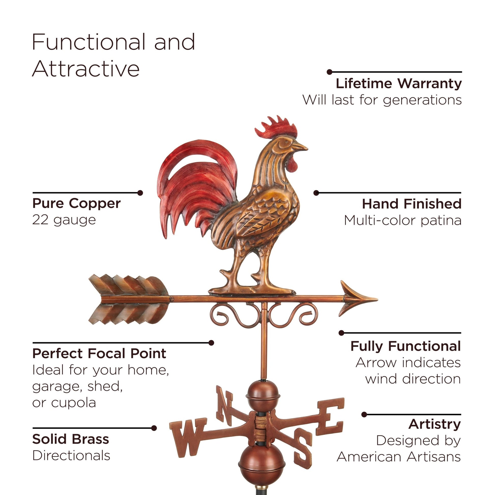 26" Square Manchester Vinyl Cupola with Black Aluminum Roof and Red Rooster Weathervane by Good Directions - Good Directions