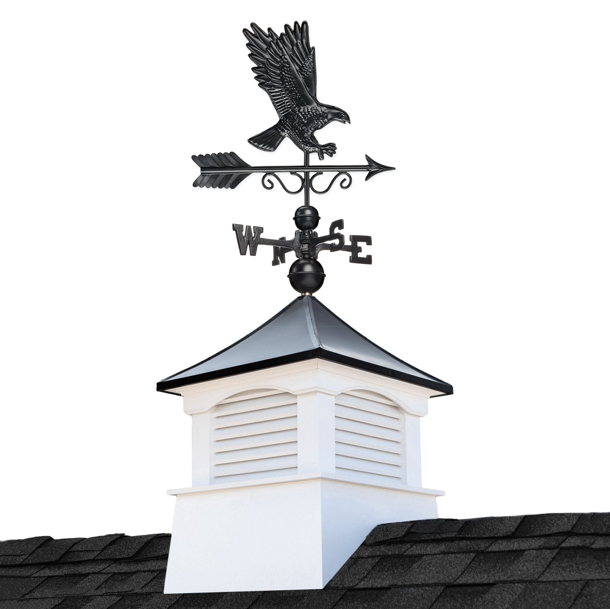 18" Square Coventry Vinyl Cupola with Black Aluminum roof and Black Aluminum Eagle Weathervane - Good Directions