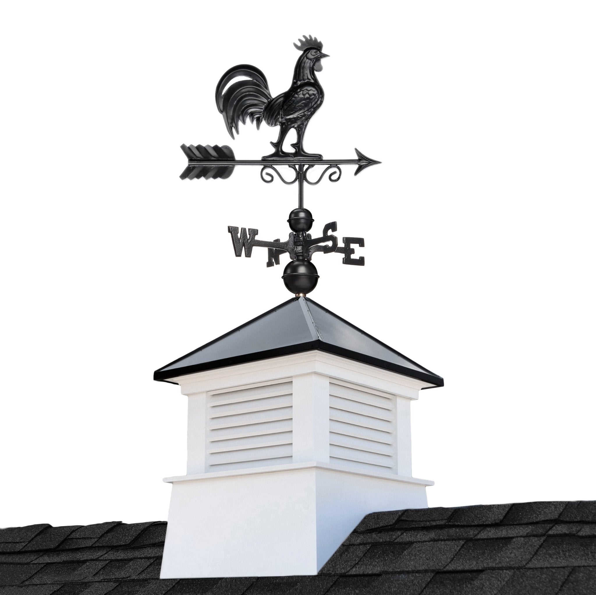 18" Square Manchester Vinyl Cupola with Black Aluminum roof and Black Aluminum Rooster Weathervane - Good Directions