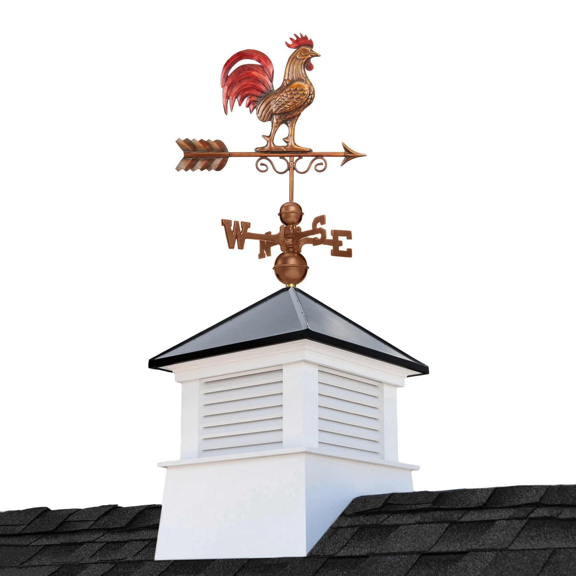 18" Square Manchester Vinyl Cupola with Black Aluminum roof and Copper Bantam Red Rooster Weathervane - Good Directions