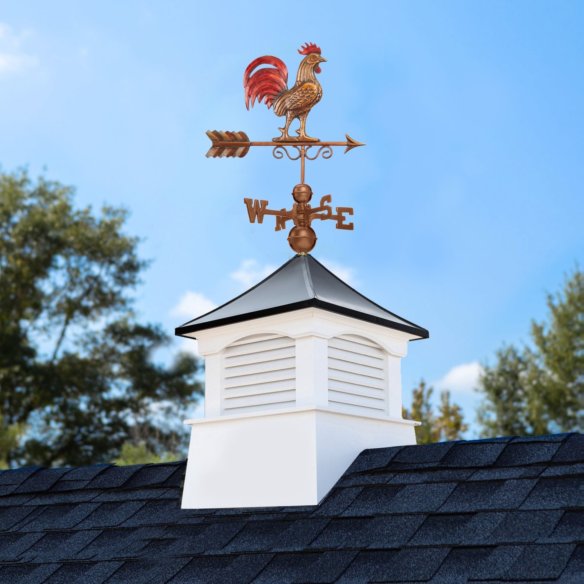 26" Square Coventry Vinyl Cupola with Black Aluminum Roof and Red Rooster Weathervane by Good Directions - Good Directions