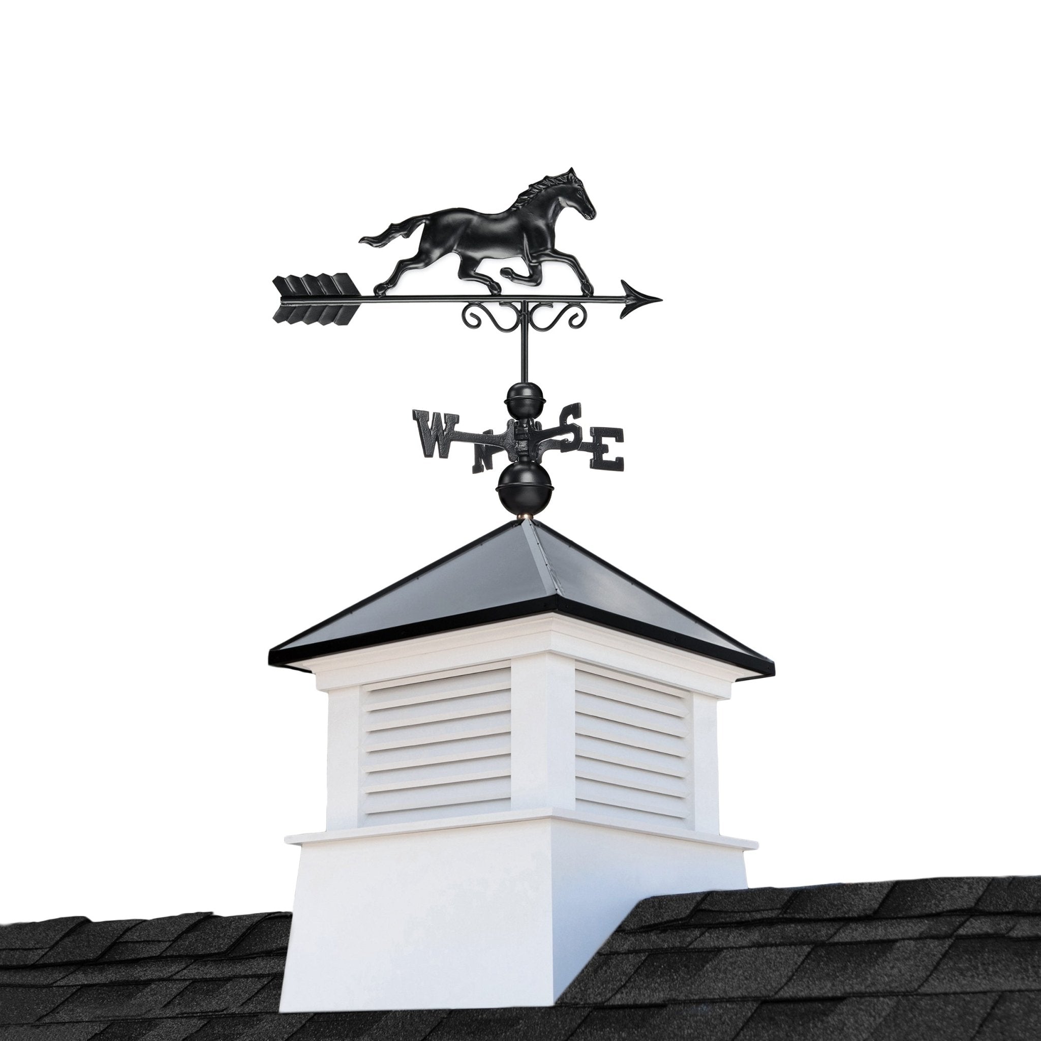 26" Square Manchester Vinyl Cupola with Black Aluminum roof and Black Aluminum Horse - Good Directions