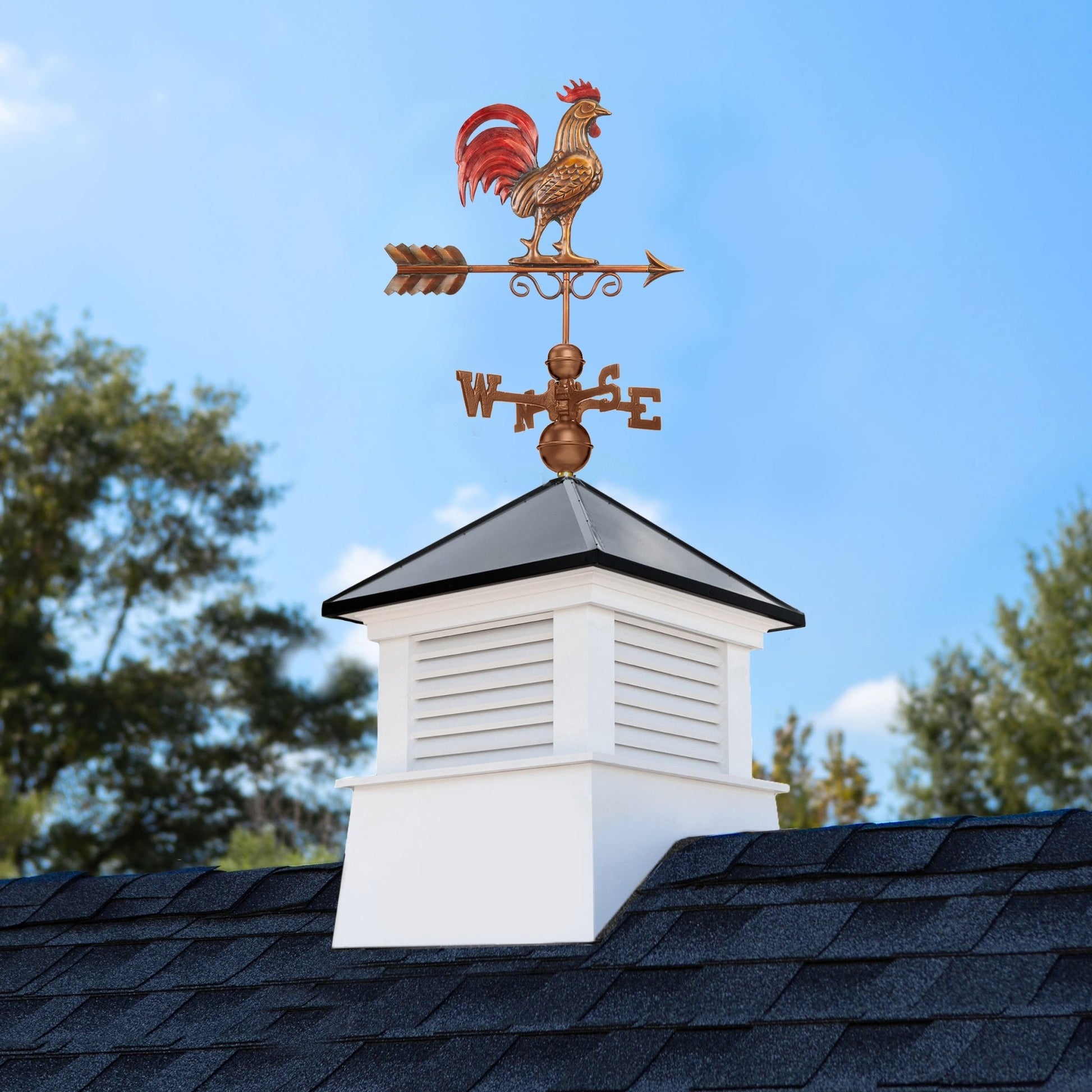 26" Square Manchester Vinyl Cupola with Black Aluminum Roof and Red Rooster Weathervane by Good Directions - Good Directions