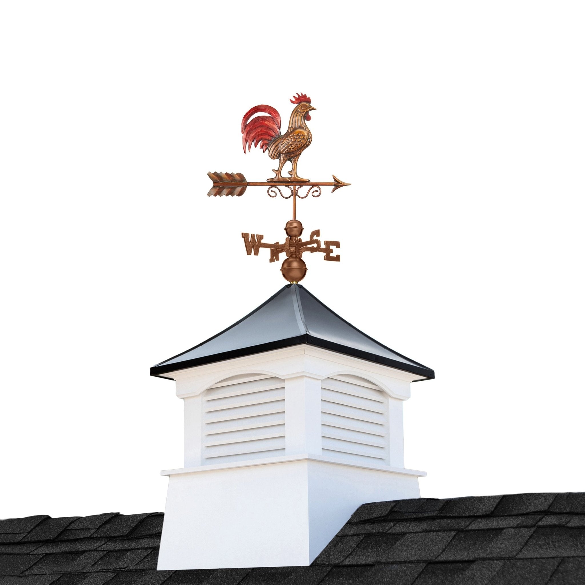 30" Square Coventry Vinyl Cupola with Black Aluminum Roof and Red Rooster Weathervane by Good Directions - Good Directions