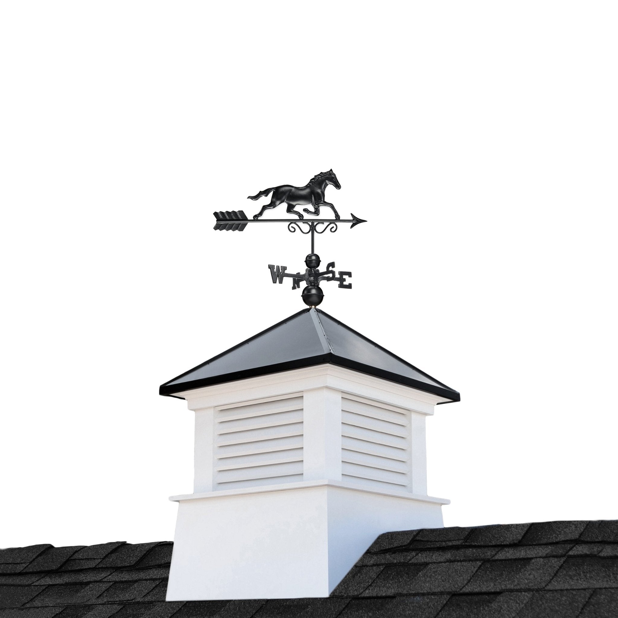 30" Square Manchester Vinyl Cupola with Black Aluminum roof and Black Aluminum Horse - Good Directions