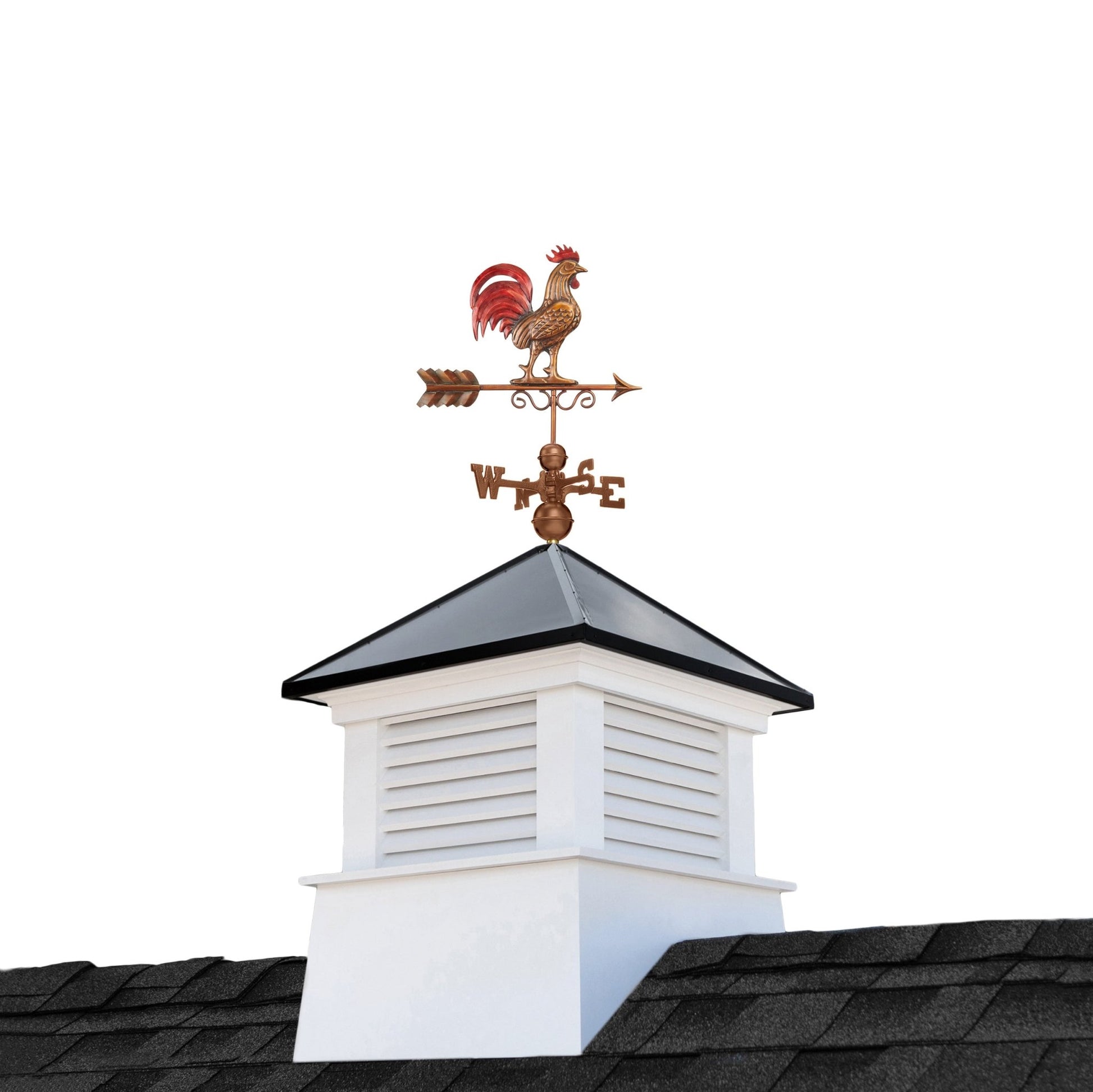 30" Square Manchester Vinyl Cupola with Black Aluminum Roof and Red Rooster Weathervane by Good Directions - Good Directions