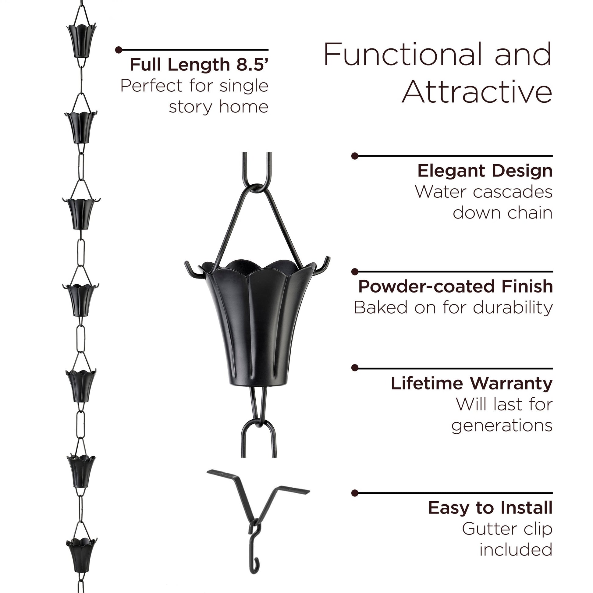 Fluted Flower Black Aluminum 8.5 ft. Rain Chain with Gutter Installation Clip - Good Directions