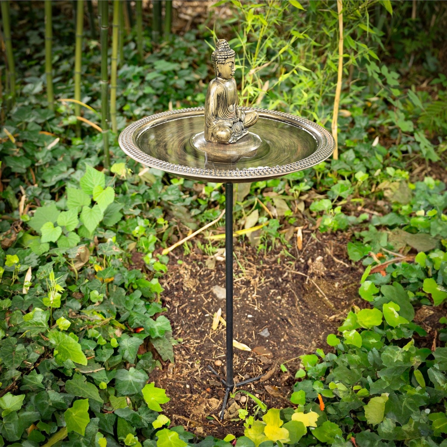 18" Beaded Copper Birdbath with Meditating Buddha and Garden Pole - Good Directions