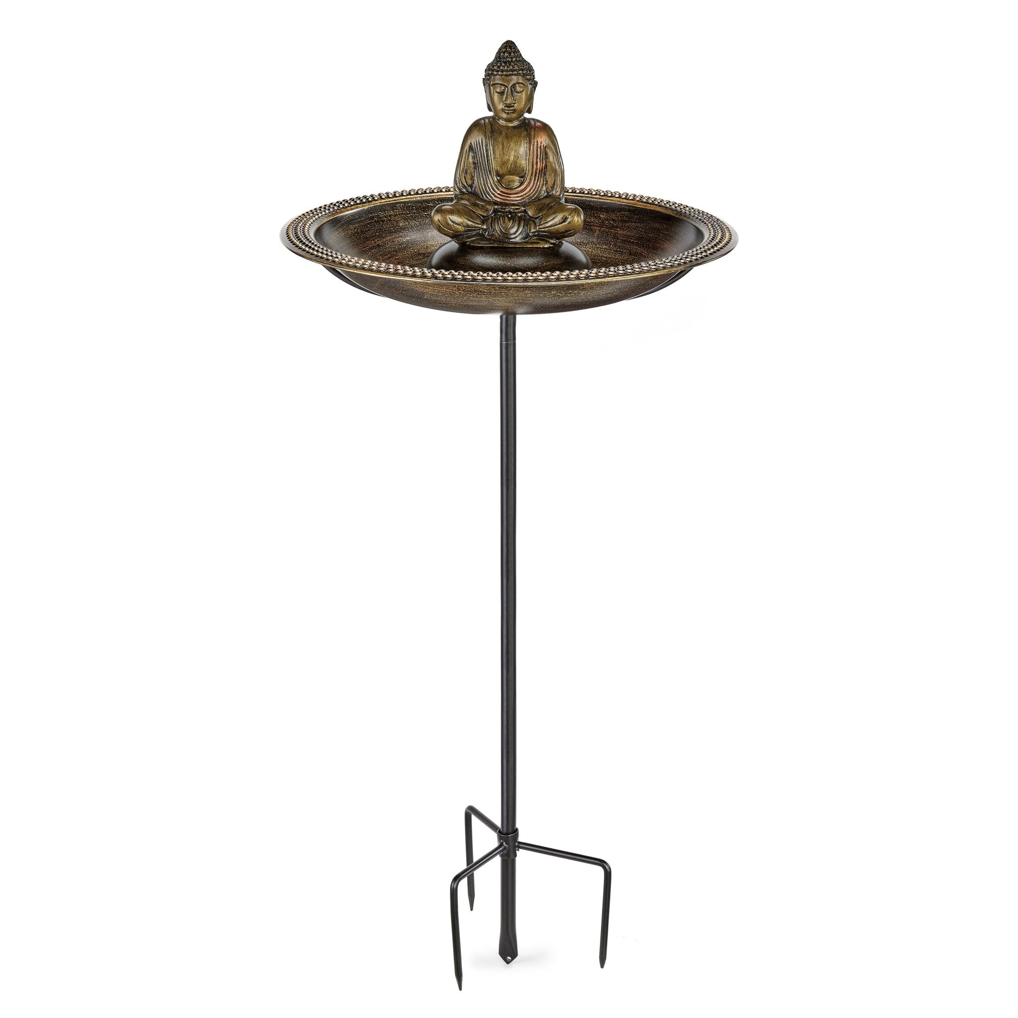 18" Beaded Copper Birdbath with Meditating Buddha and Garden Pole - Good Directions