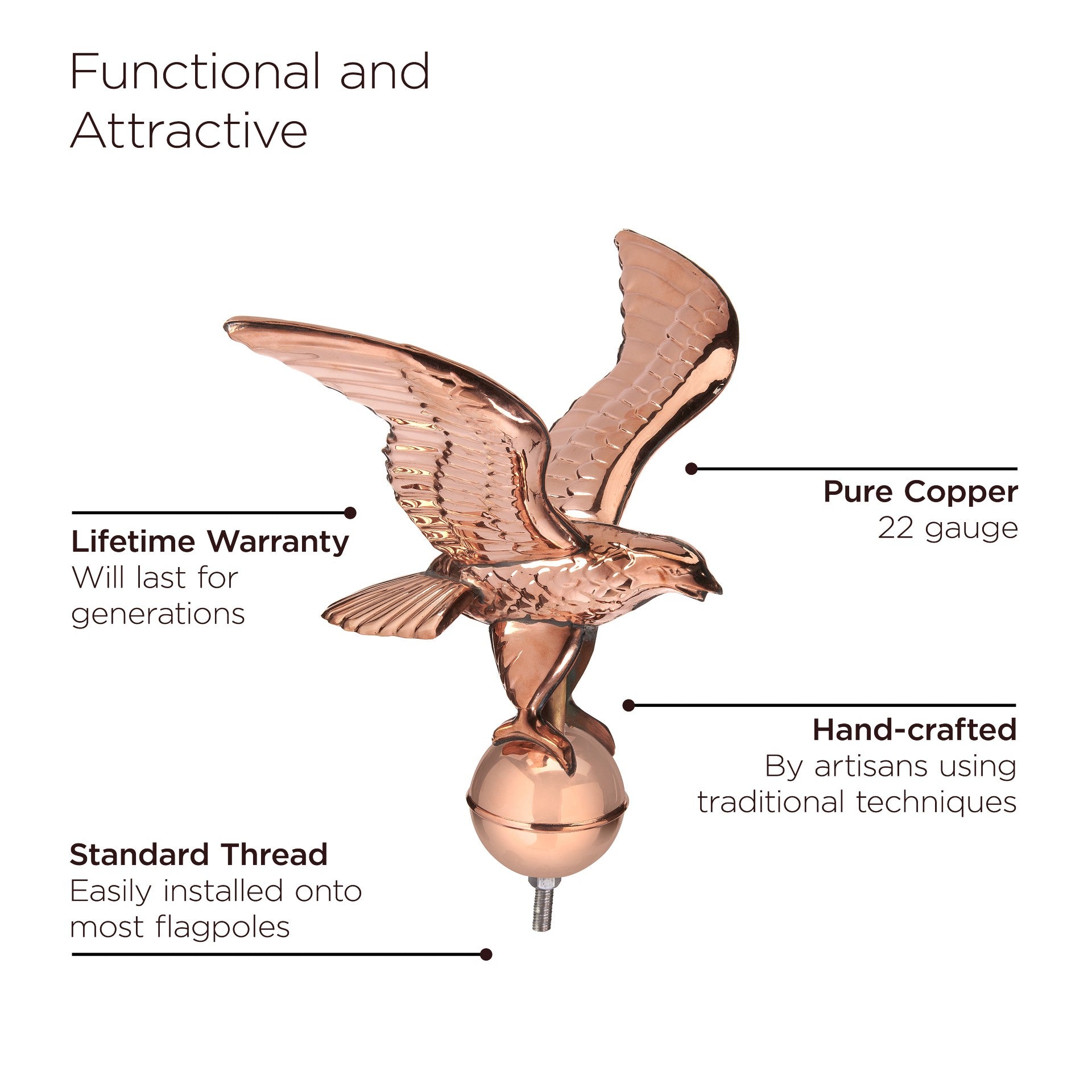 Eagle with Ball Flagpole Topper, 16" Wingspan - Good Directions