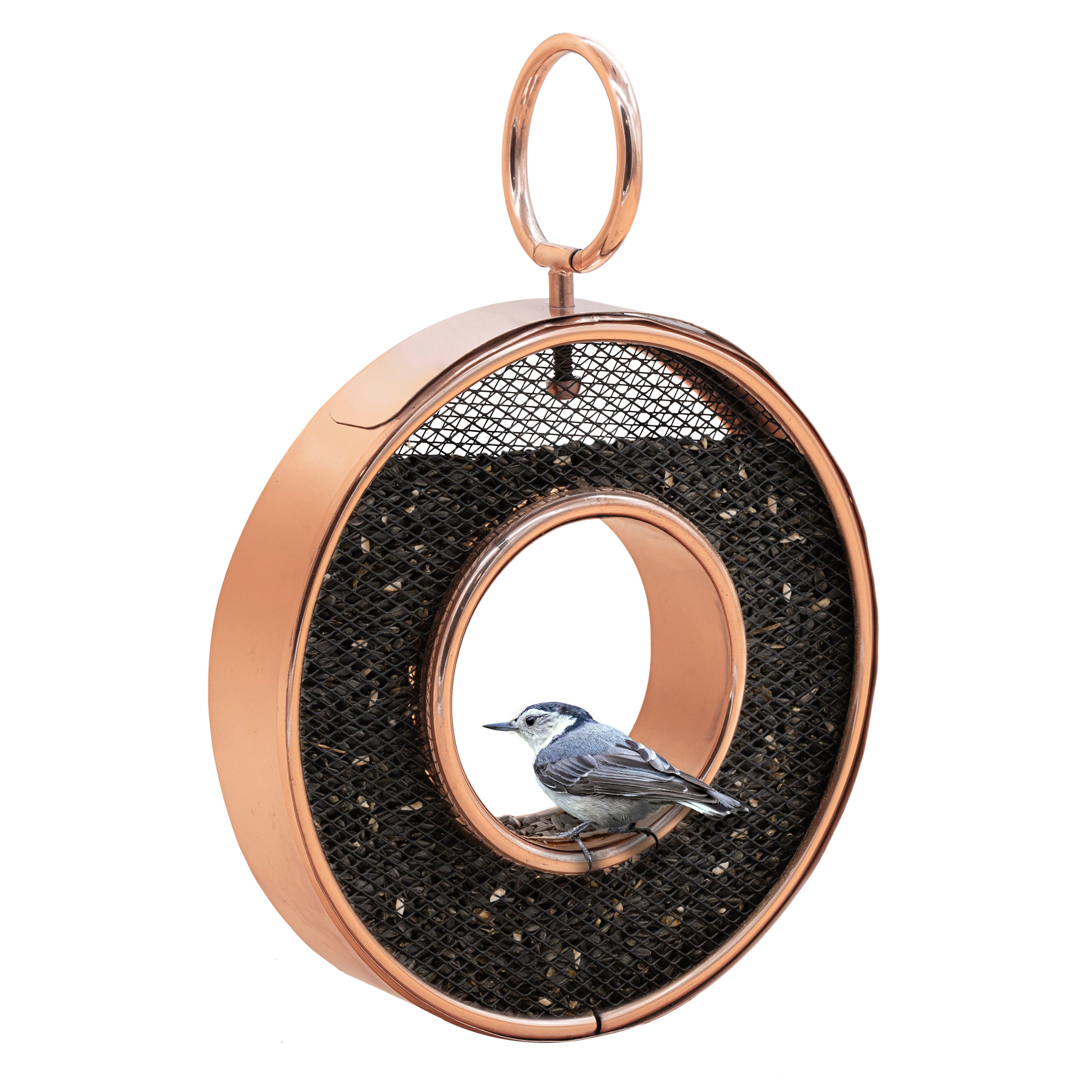 Copper Circle Fly-Thru Copper Bird Feeder with Mesh Panels