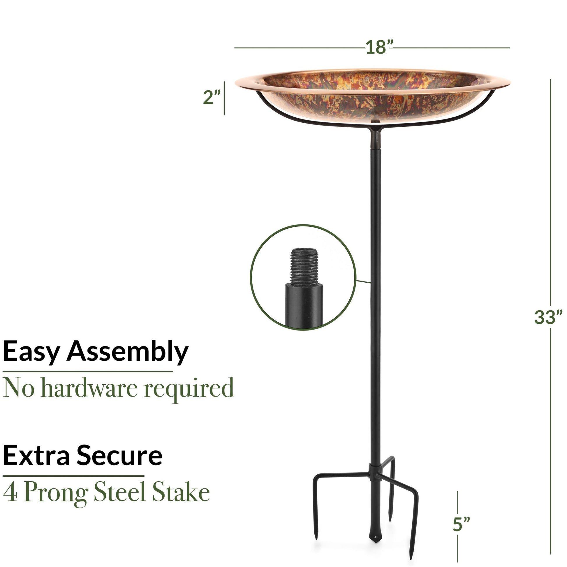 18” Fired Copper Bird Bath with Garden Pole - Good Directions