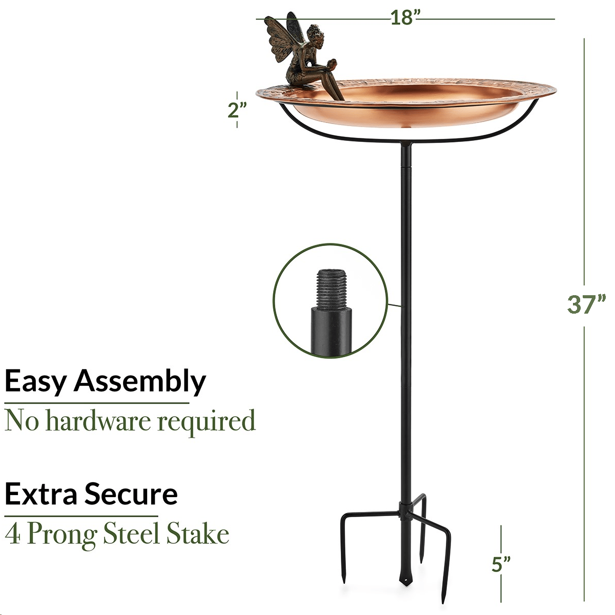 18" Greek Copper Bird Bath with Fairy and Garden Pole - Good Directions