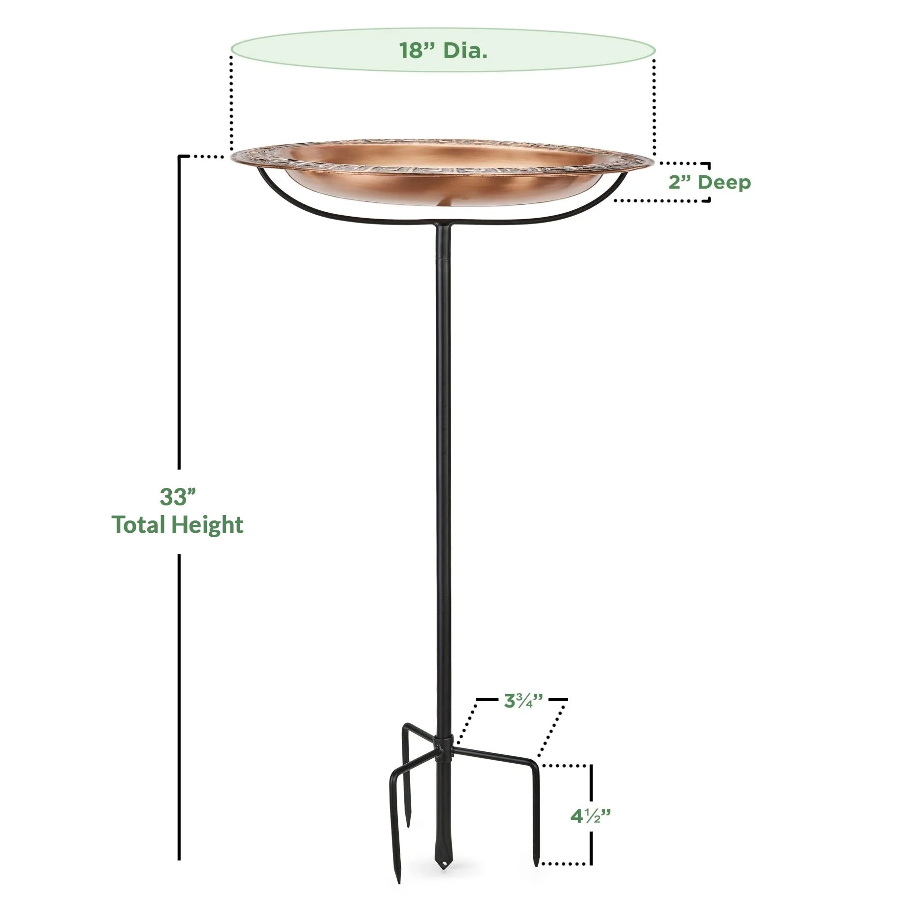 18" Greek Copper Bird Bath with Garden Pole - Good Directions