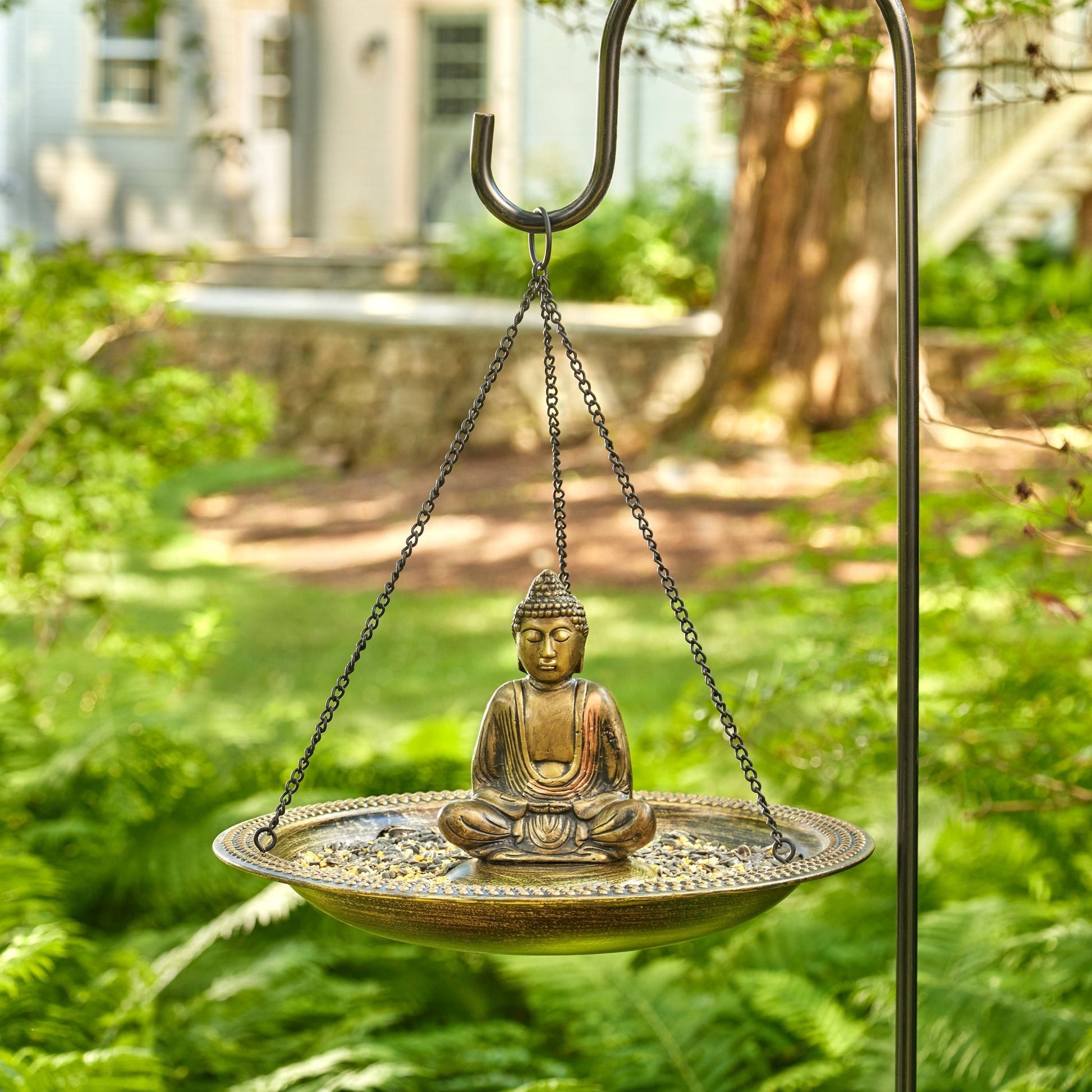 18" Hanging Copper Bird Bath with Buddha - Good Directions