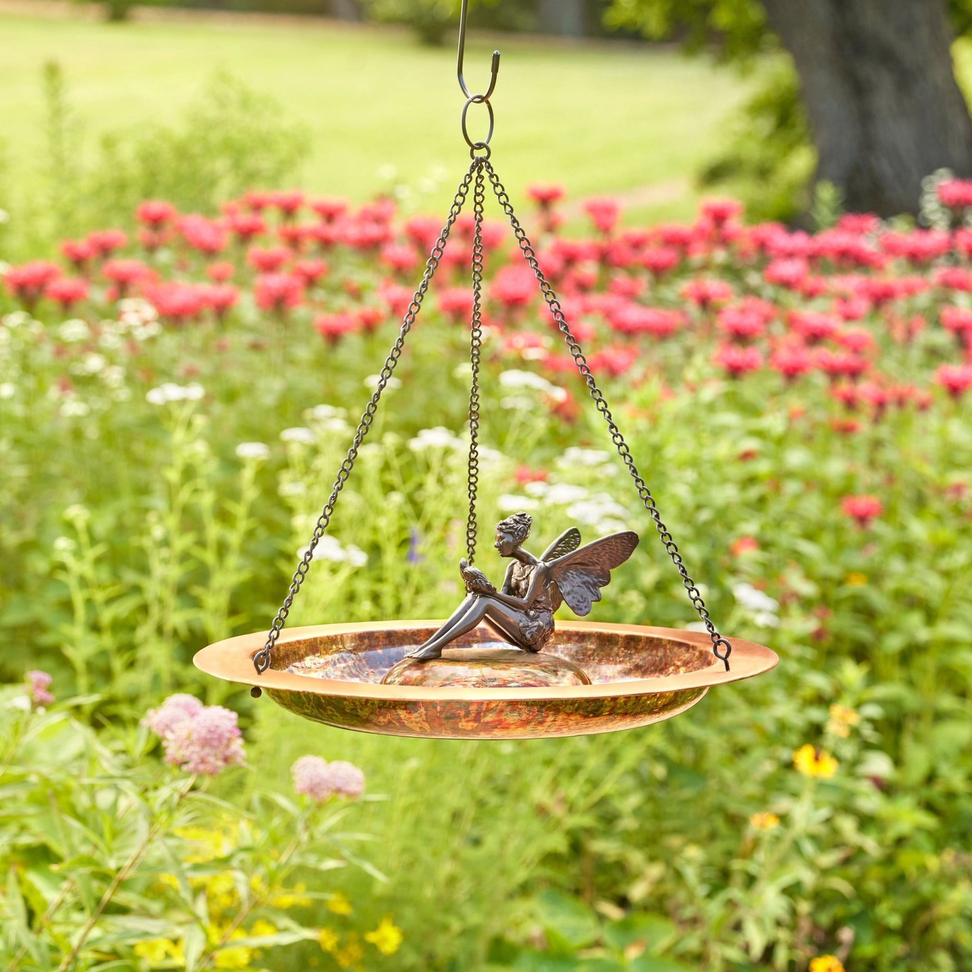 18" Hanging Fired Copper Bird Bath with Fairy - Good Directions