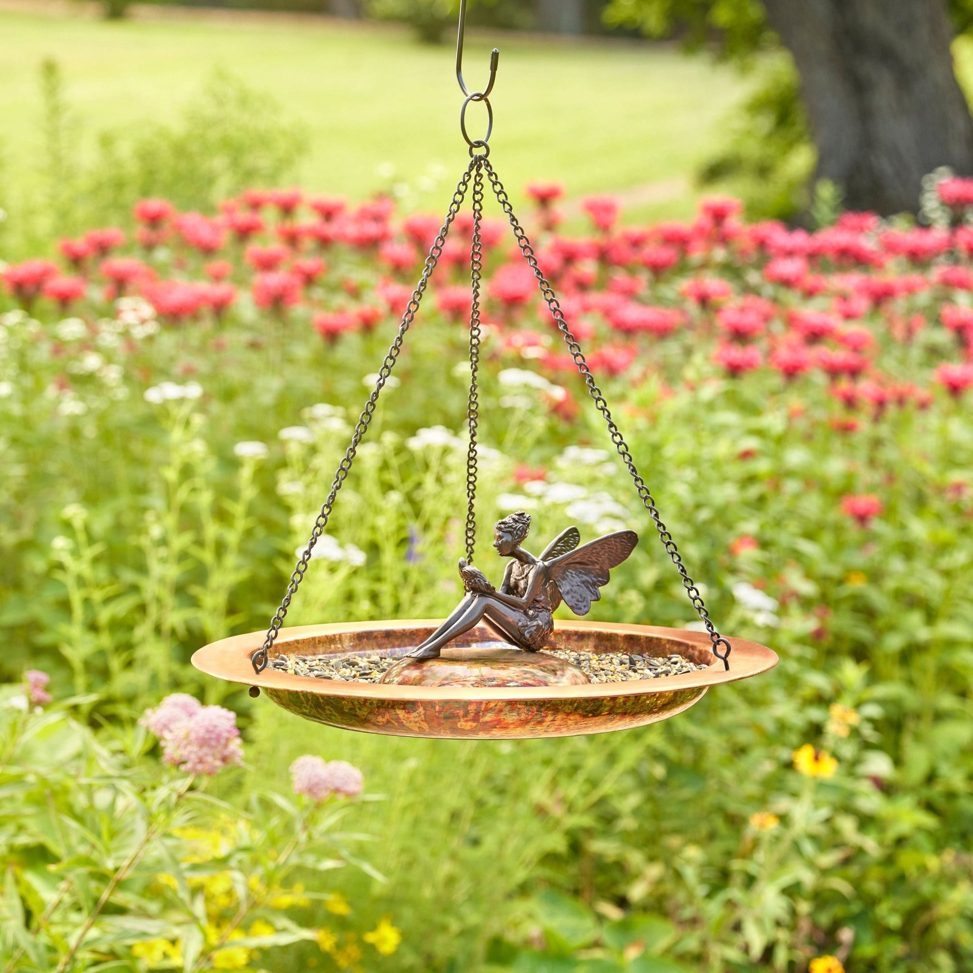 18" Hanging Fired Copper Bird Bath with Fairy - Good Directions