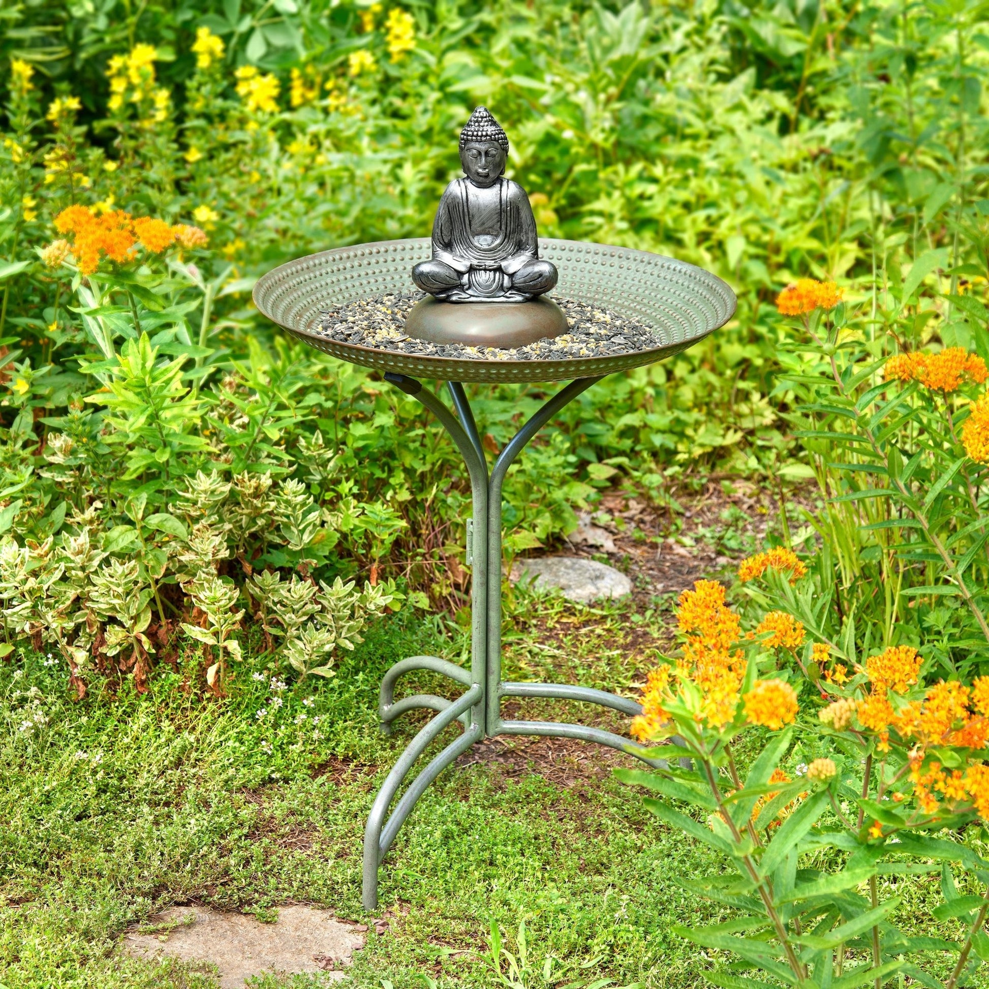 20" Blue Verde Copper Bird Bath with Buddha - Good Directions