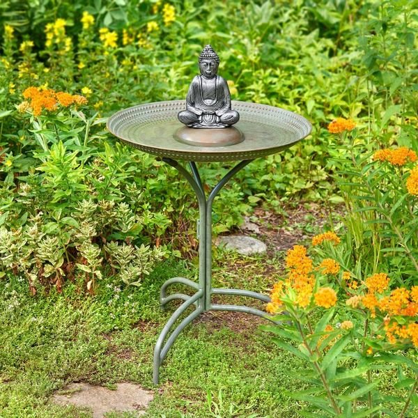 20" Blue Verde Copper Bird Bath with Buddha - Good Directions