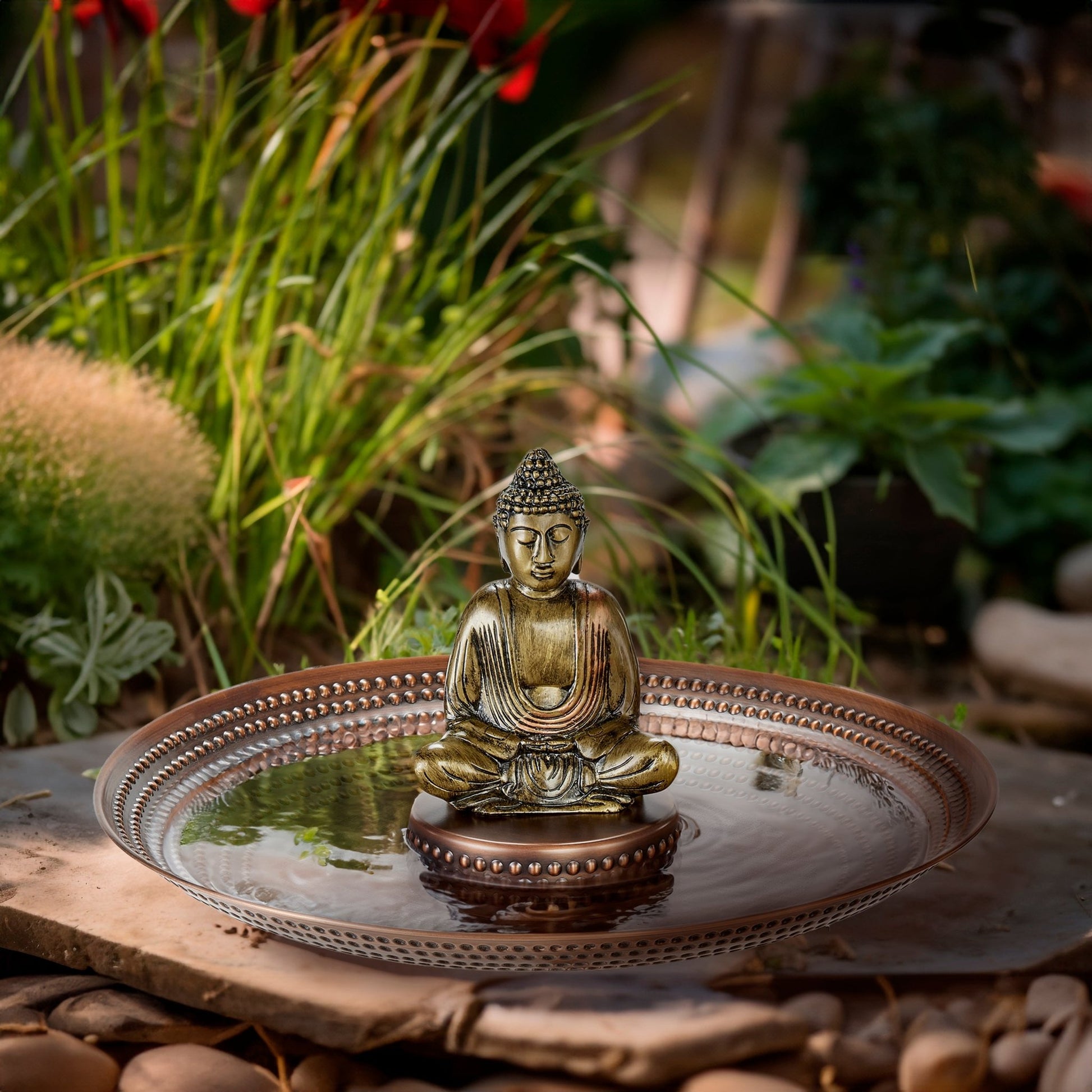 20” Copper Birdbath Basin with Meditating Buddha - Good Directions