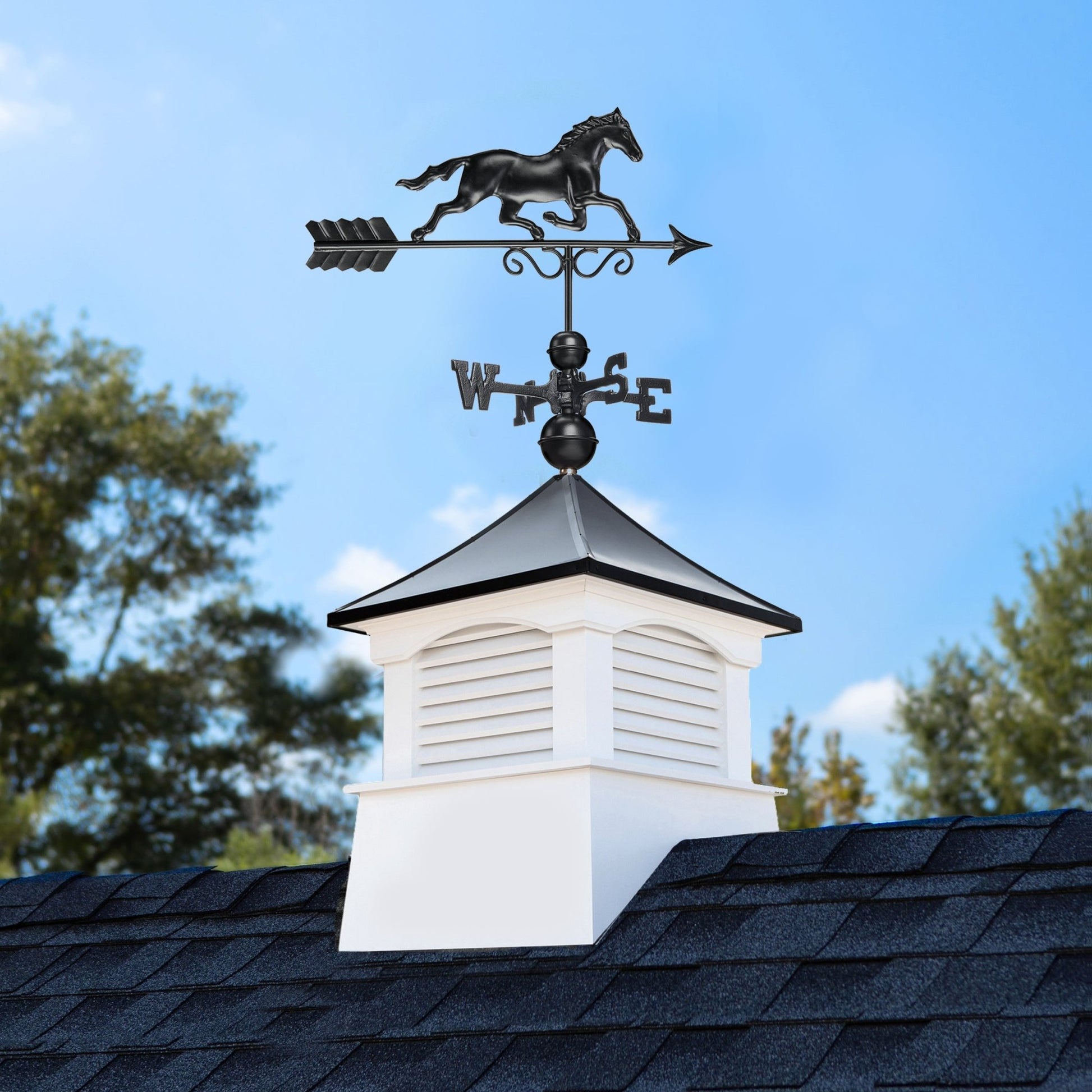 18" Square Coventry Vinyl Cupola with Black Aluminum roof and Black Aluminum Horse Weathervane - Good Directions