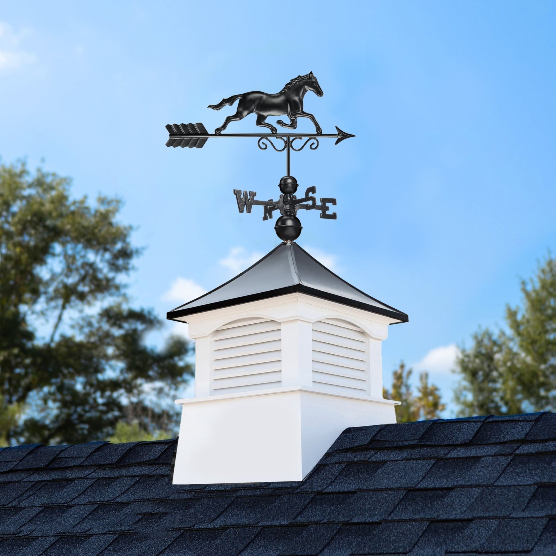 26" Square Coventry Vinyl Cupola with Black Aluminum roof and Black Aluminum Horse Weathervane - Good Directions