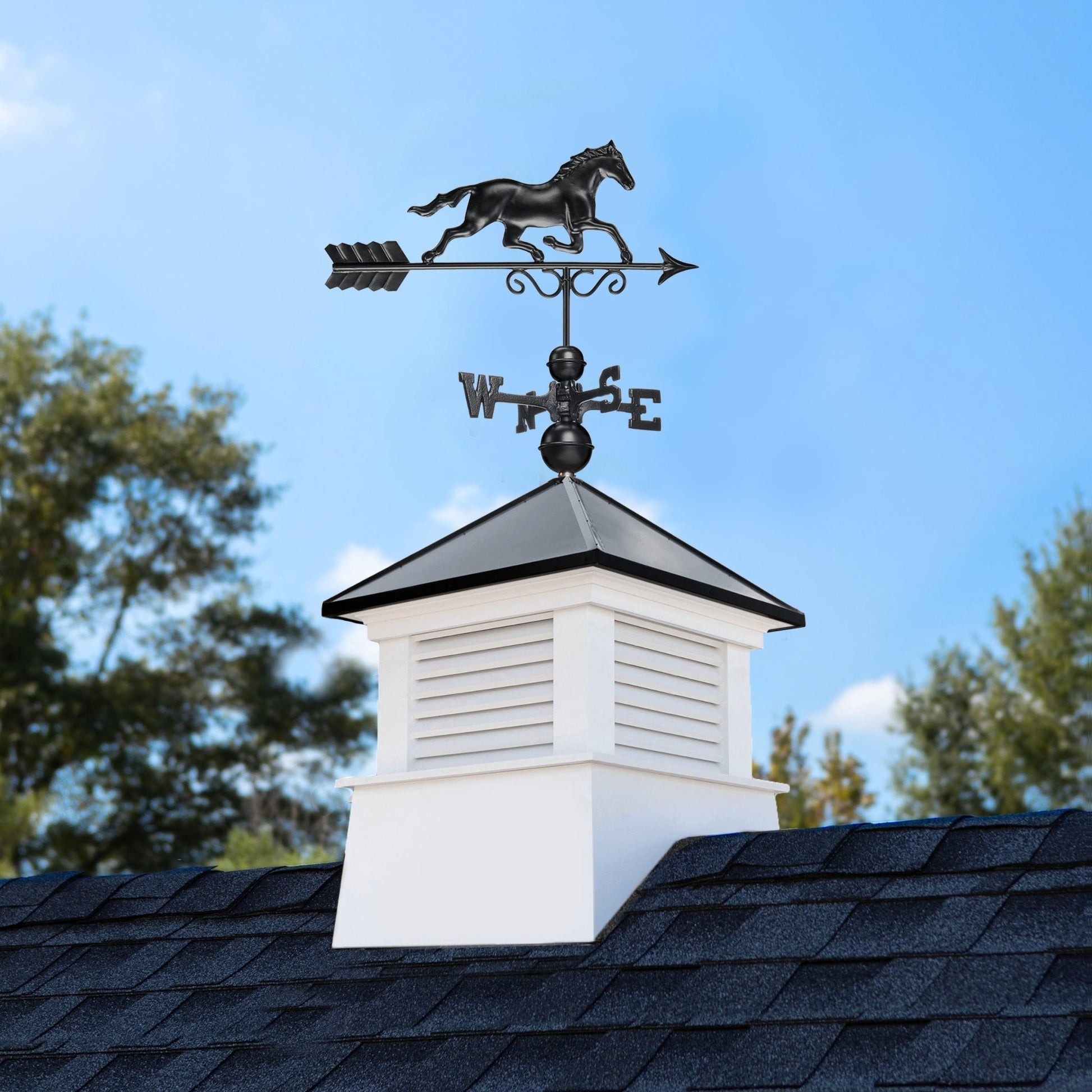 26" Square Manchester Vinyl Cupola with Black Aluminum roof and Black Aluminum Horse - Good Directions