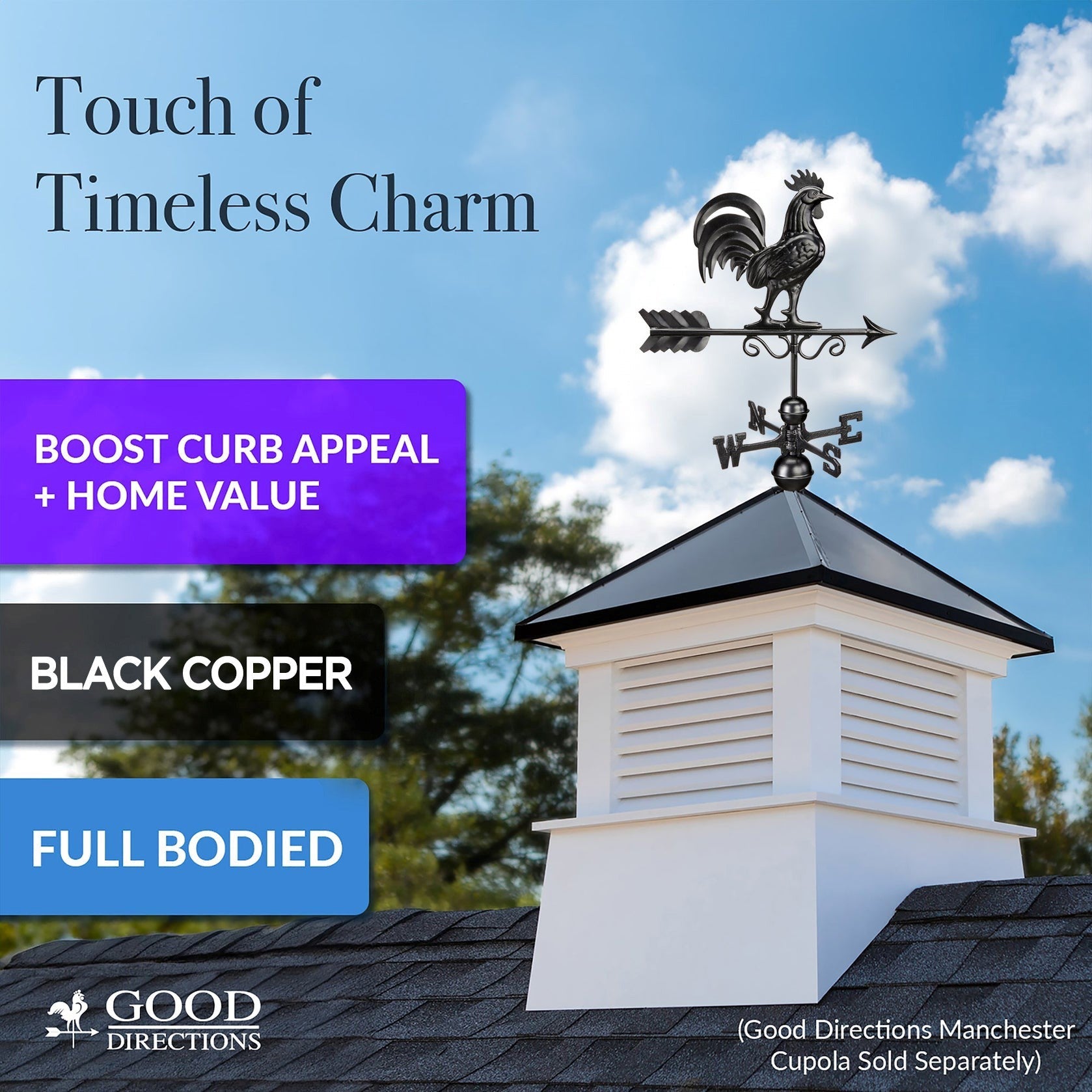 Bantam Rooster Weathervane - Matte Black Copper - Good Directions