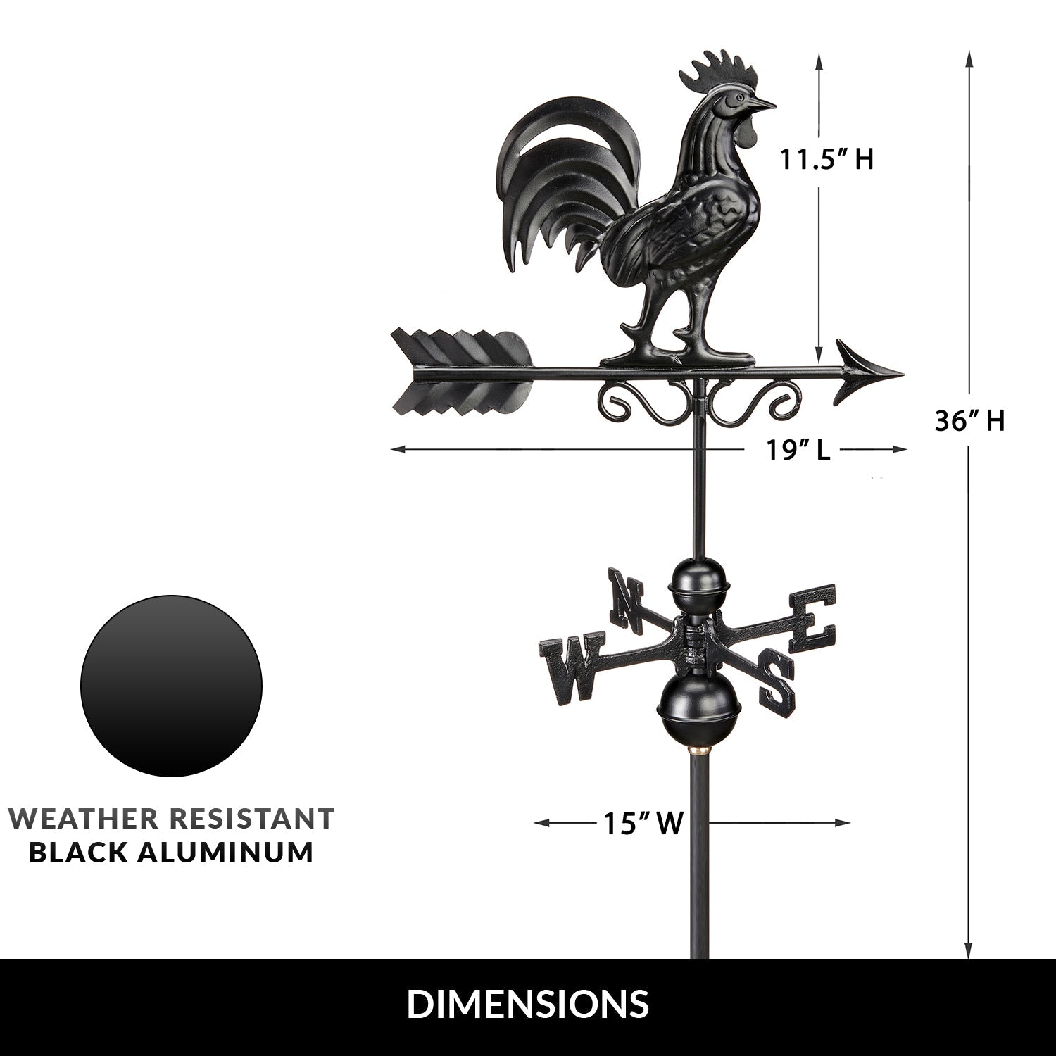 Black Aluminum Bantam Rooster Standard Weathervane - Good Directions