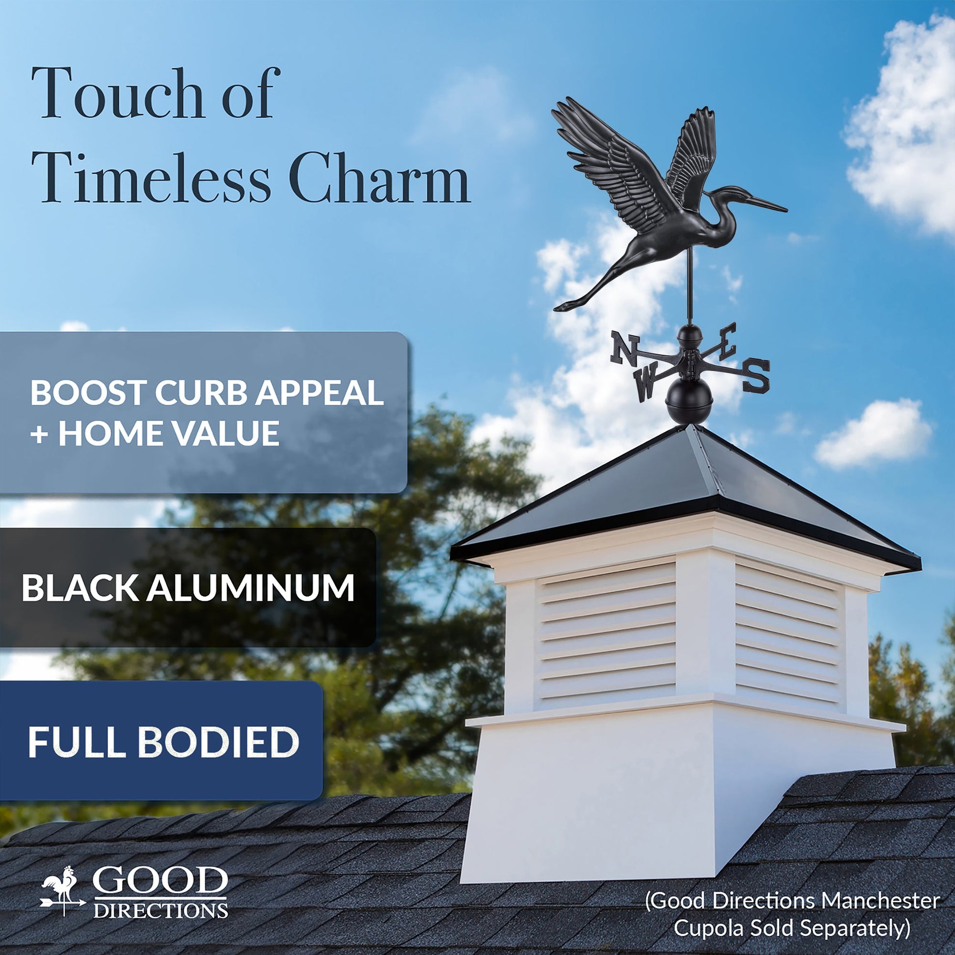 Black Aluminum Graceful Heron Standard Weathervane - Good Directions