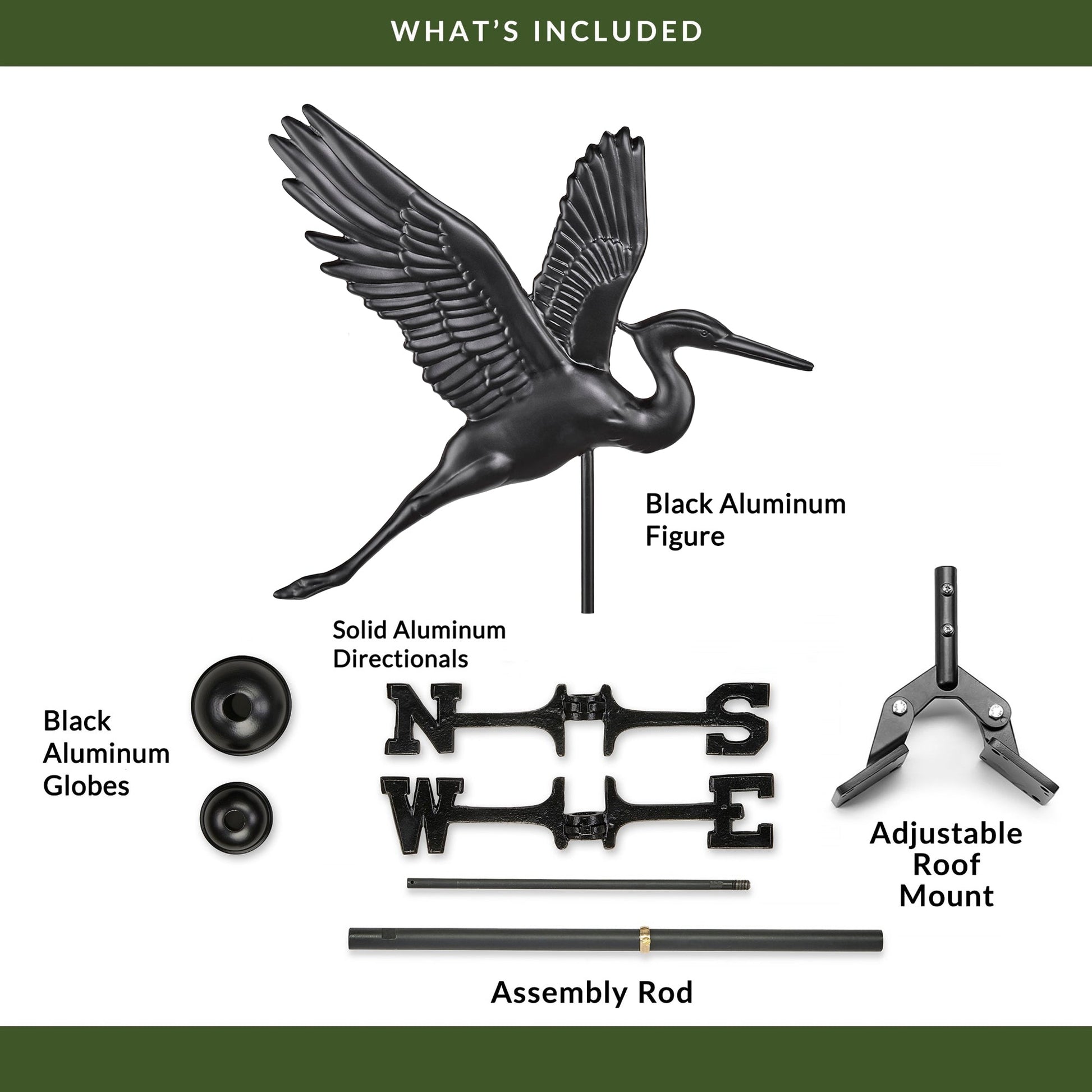 Black Aluminum Graceful Heron Standard Weathervane - Good Directions