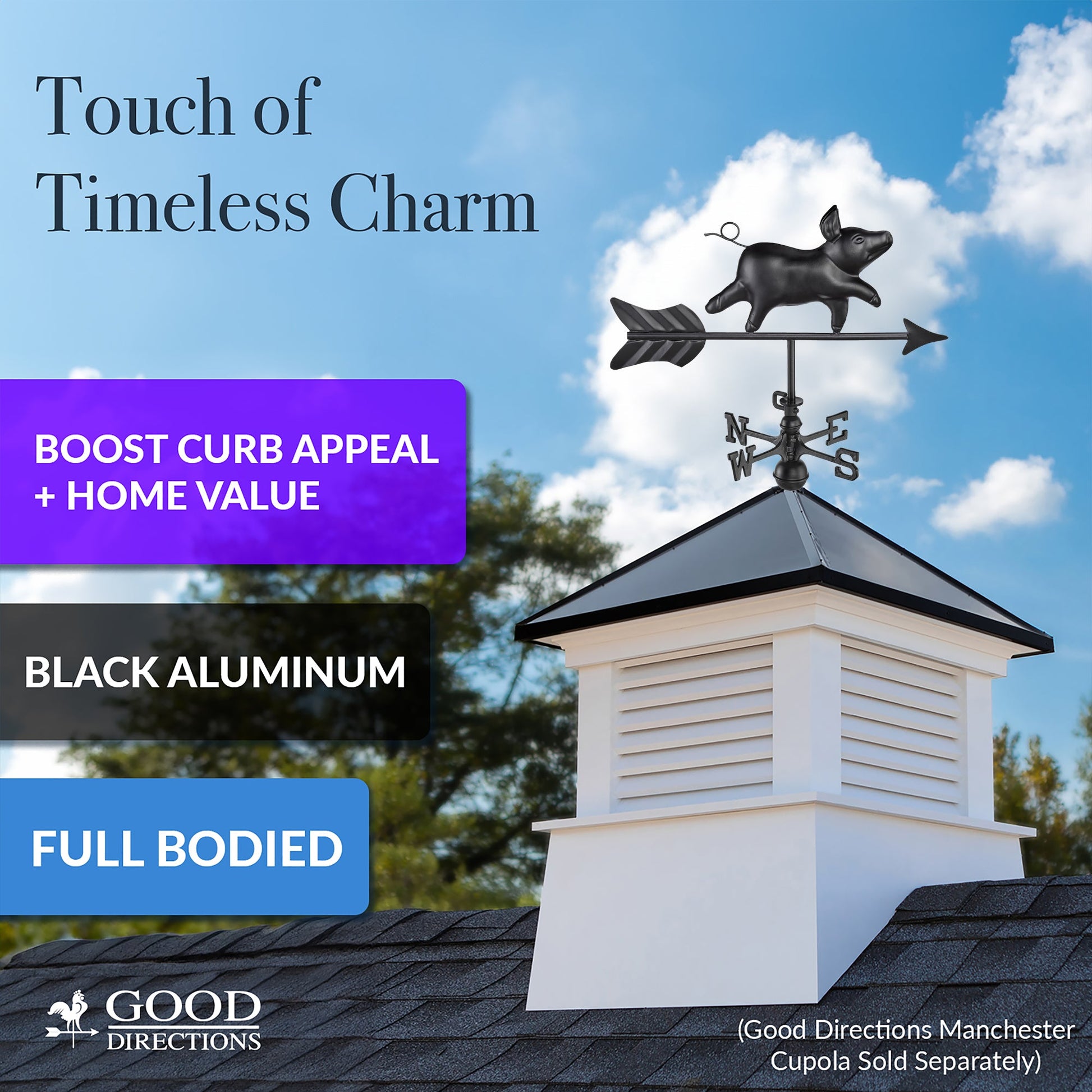 Black Aluminum Pig Cottage Weathervane - Good Directions