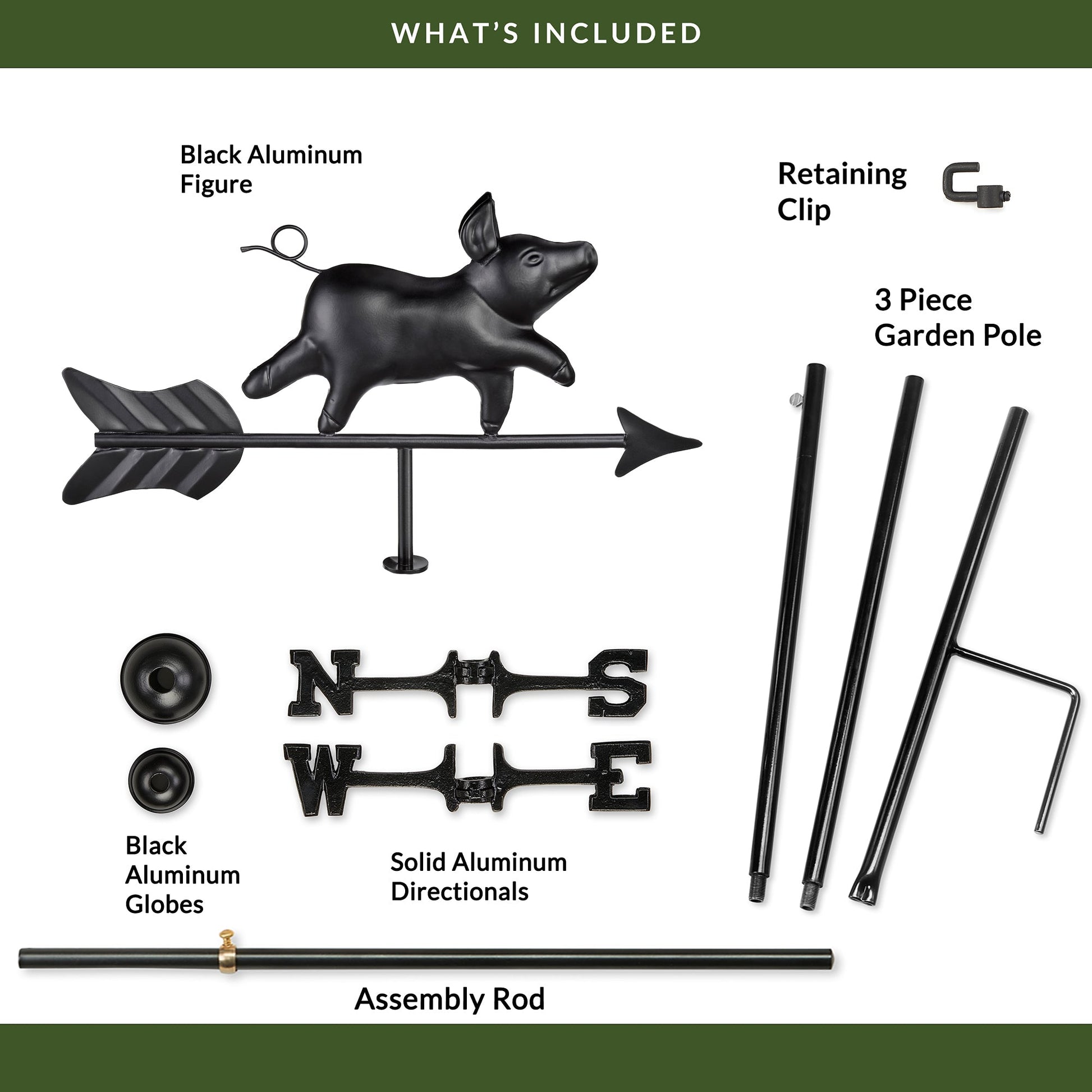 Black Aluminum Pig Garden Weathervane - Good Directions