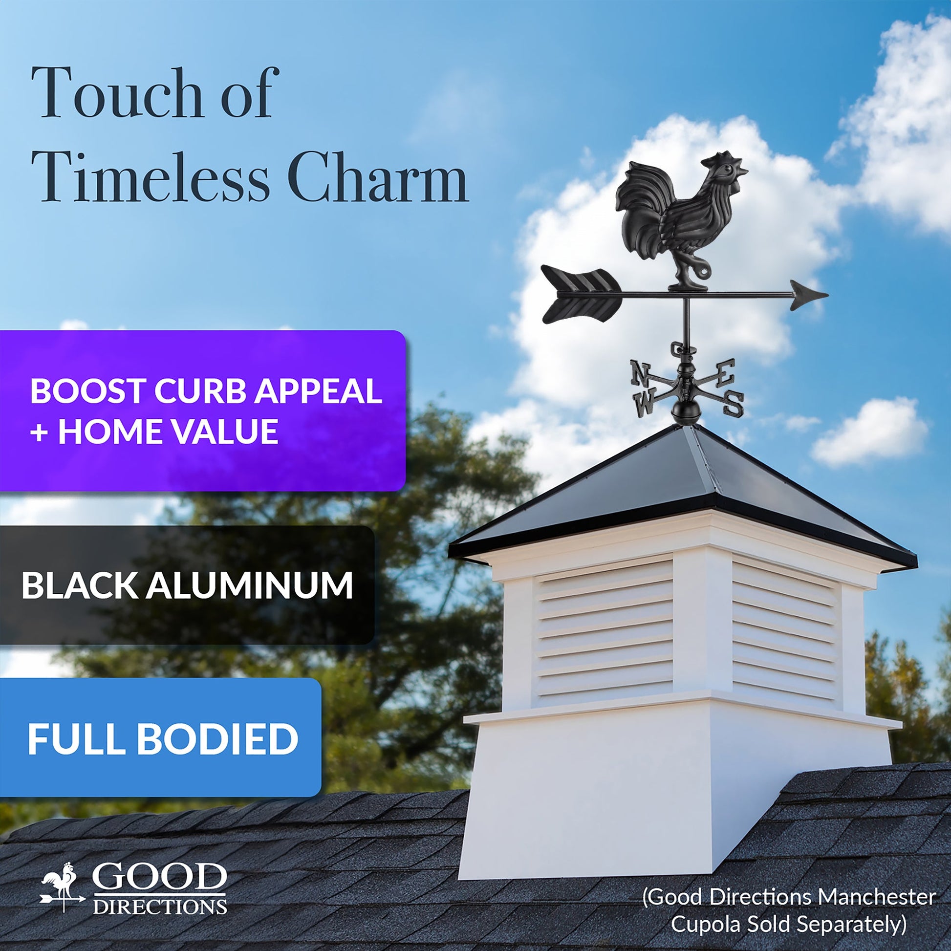 Black Aluminum Rooster Cottage Weathervane - Good Directions