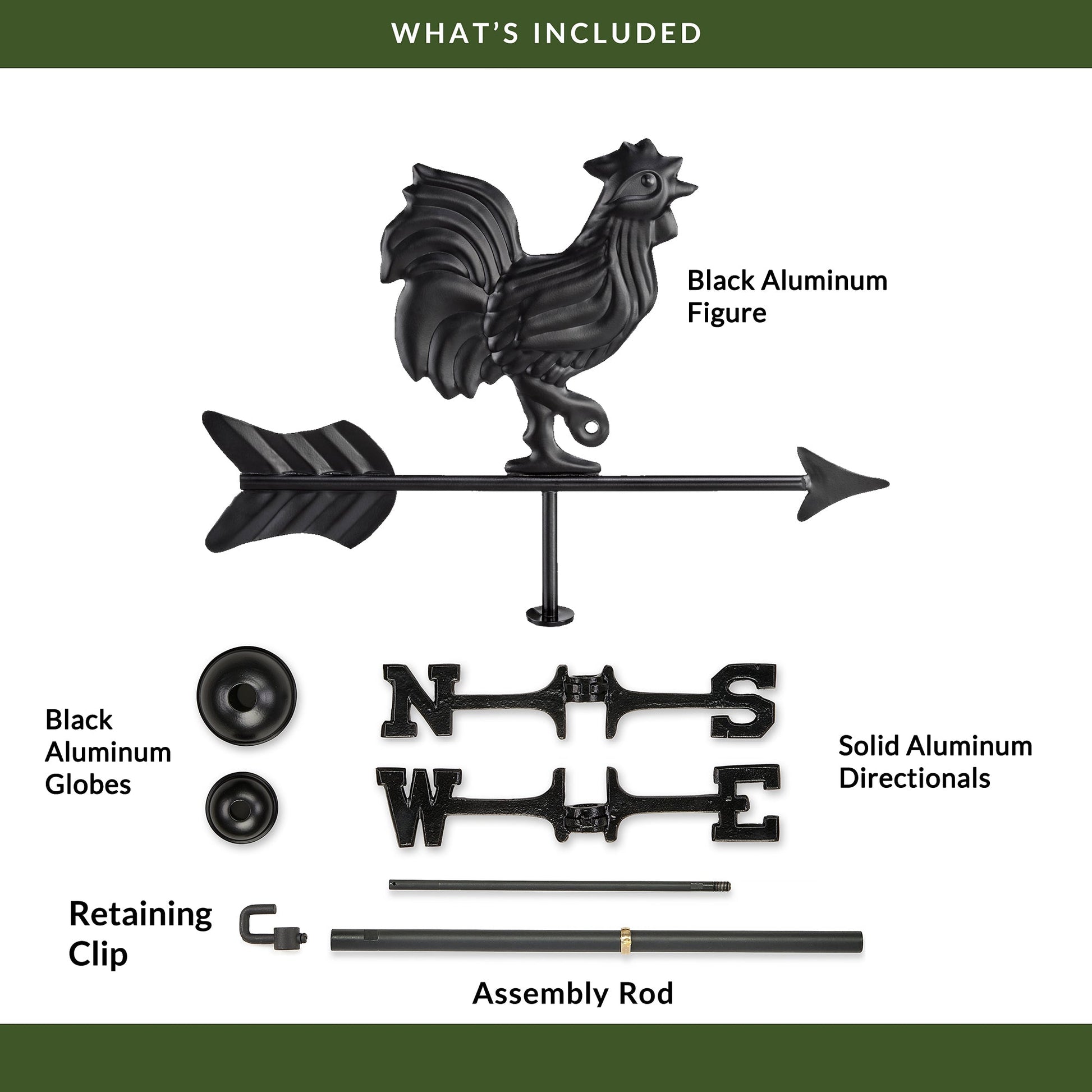 Black Aluminum Rooster Cottage Weathervane - Good Directions