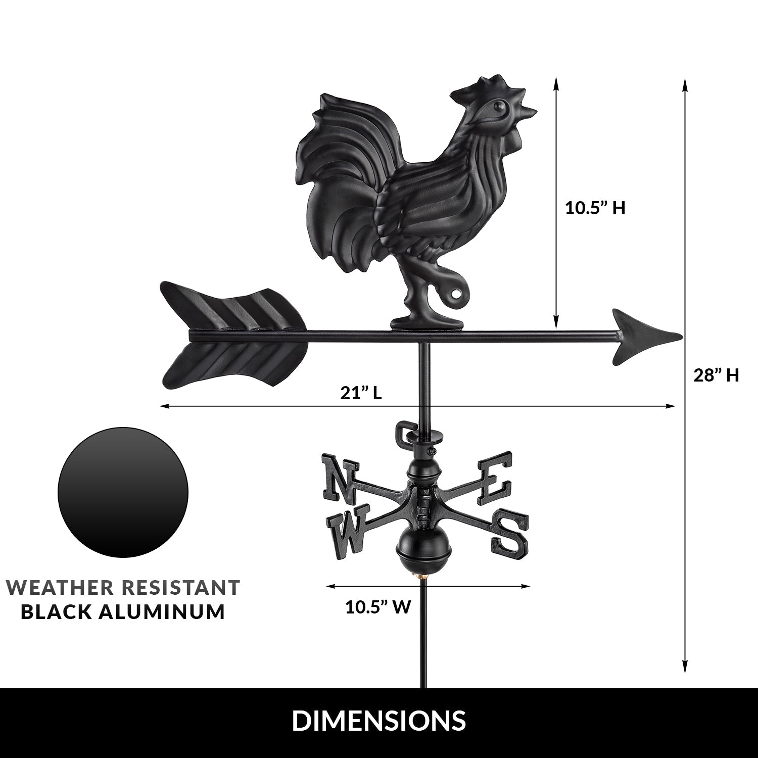 Black Aluminum Rooster Cottage Weathervane - Good Directions