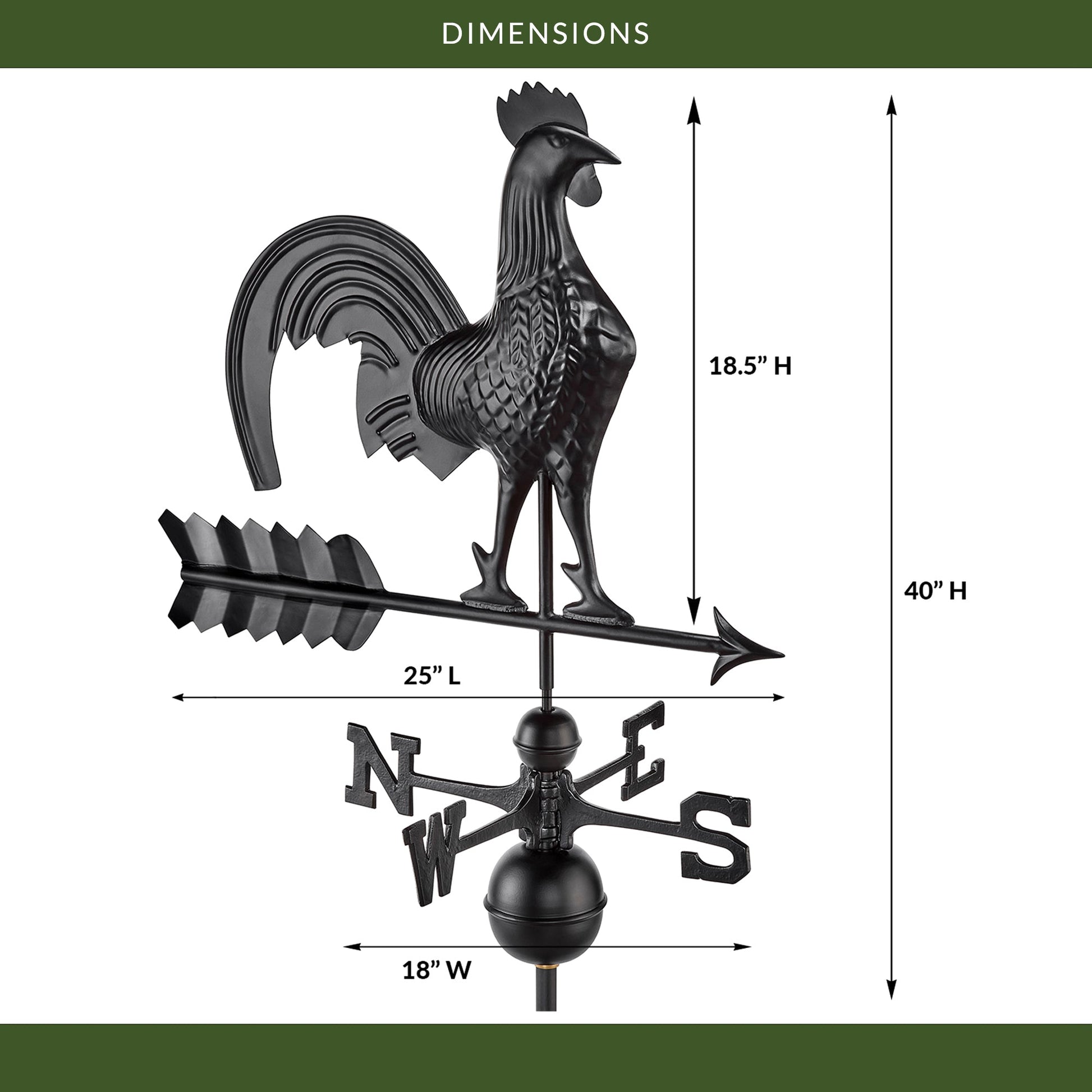 Black Aluminum Rooster Standard Weathervane - Good Directions