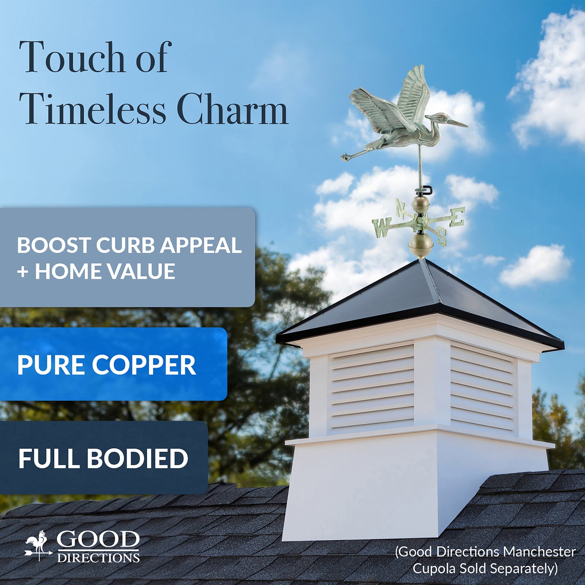 Blue Heron Weathervane - Blue Verde Copper - Good Directions