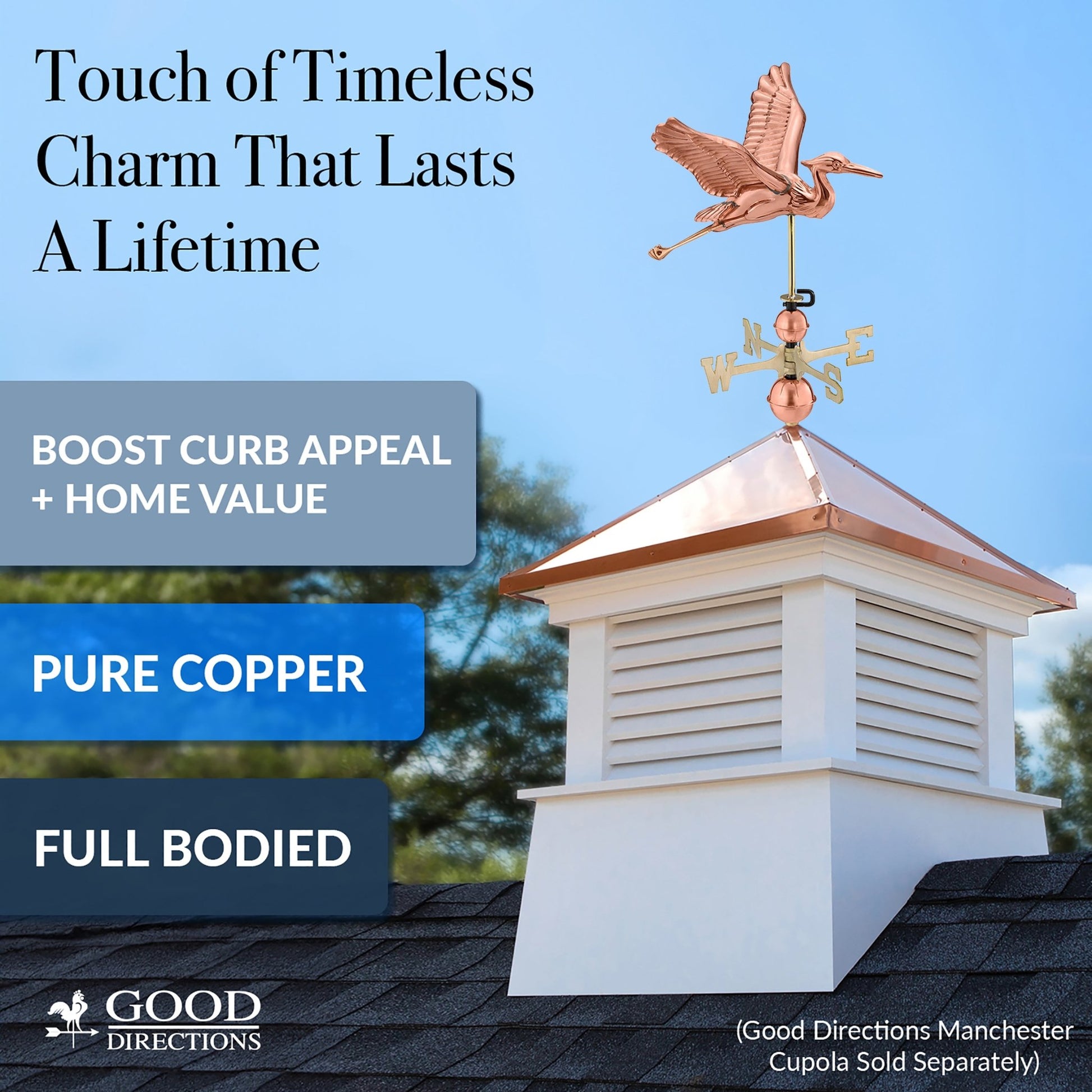 Blue Heron Weathervane - Pure Copper - Good Directions