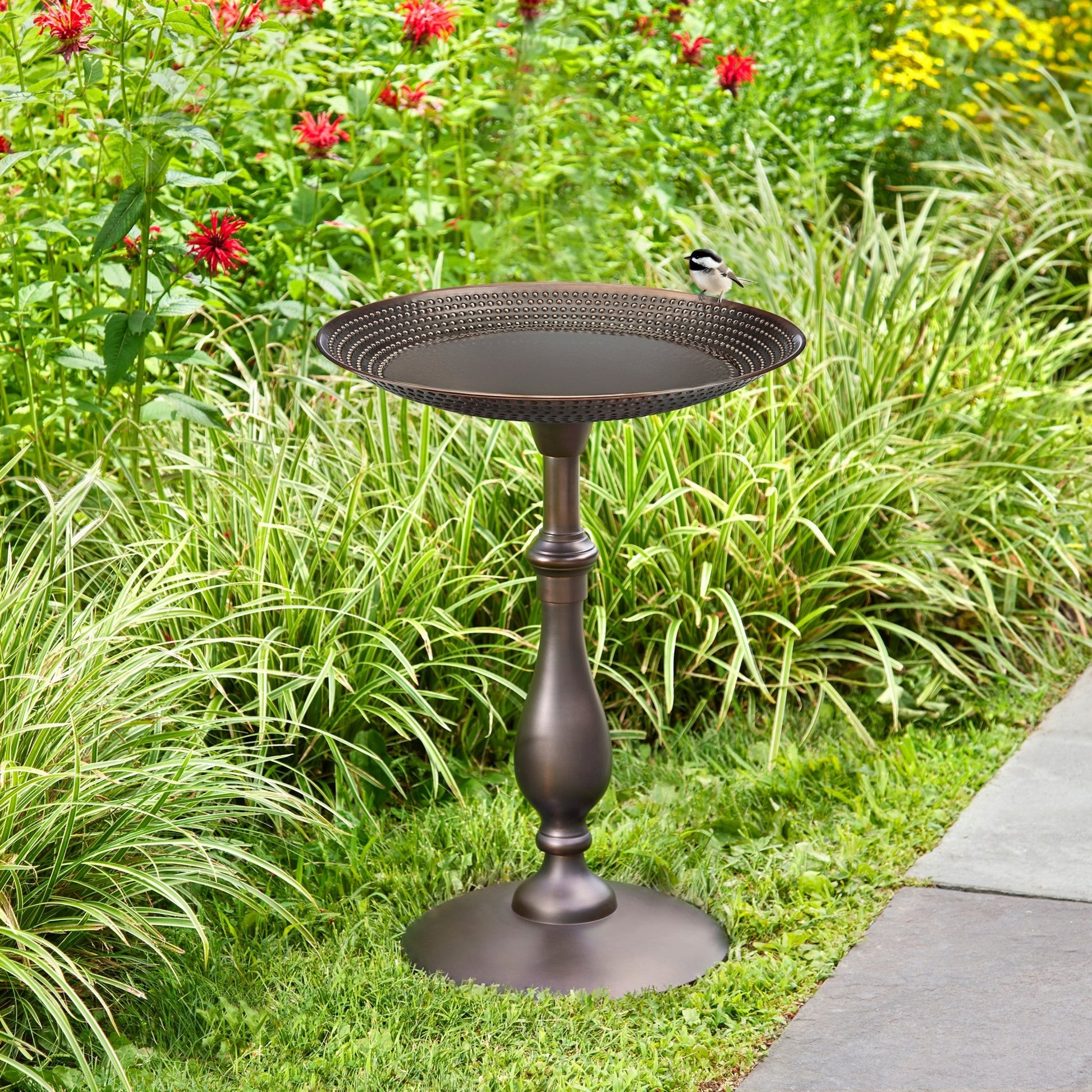 Classic Birdbath Pedestal with Beaded Copper Basin, 18"D - Bronze Finish - Good Directions