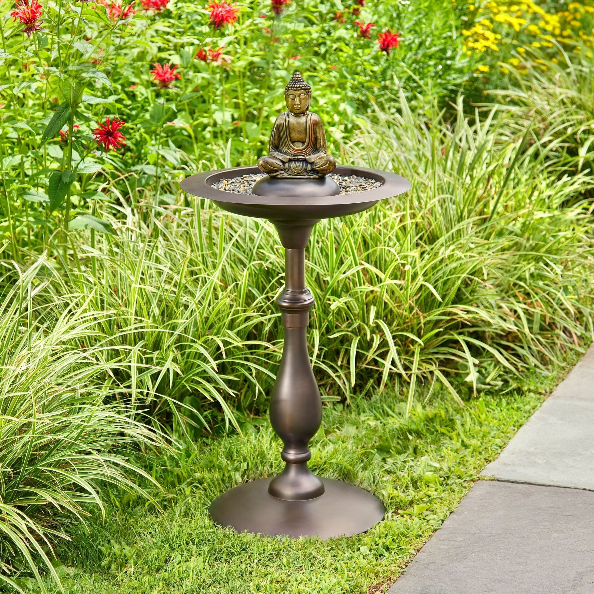 Classic Bronze Bird Bath Pedestal with Buddha - Good Directions