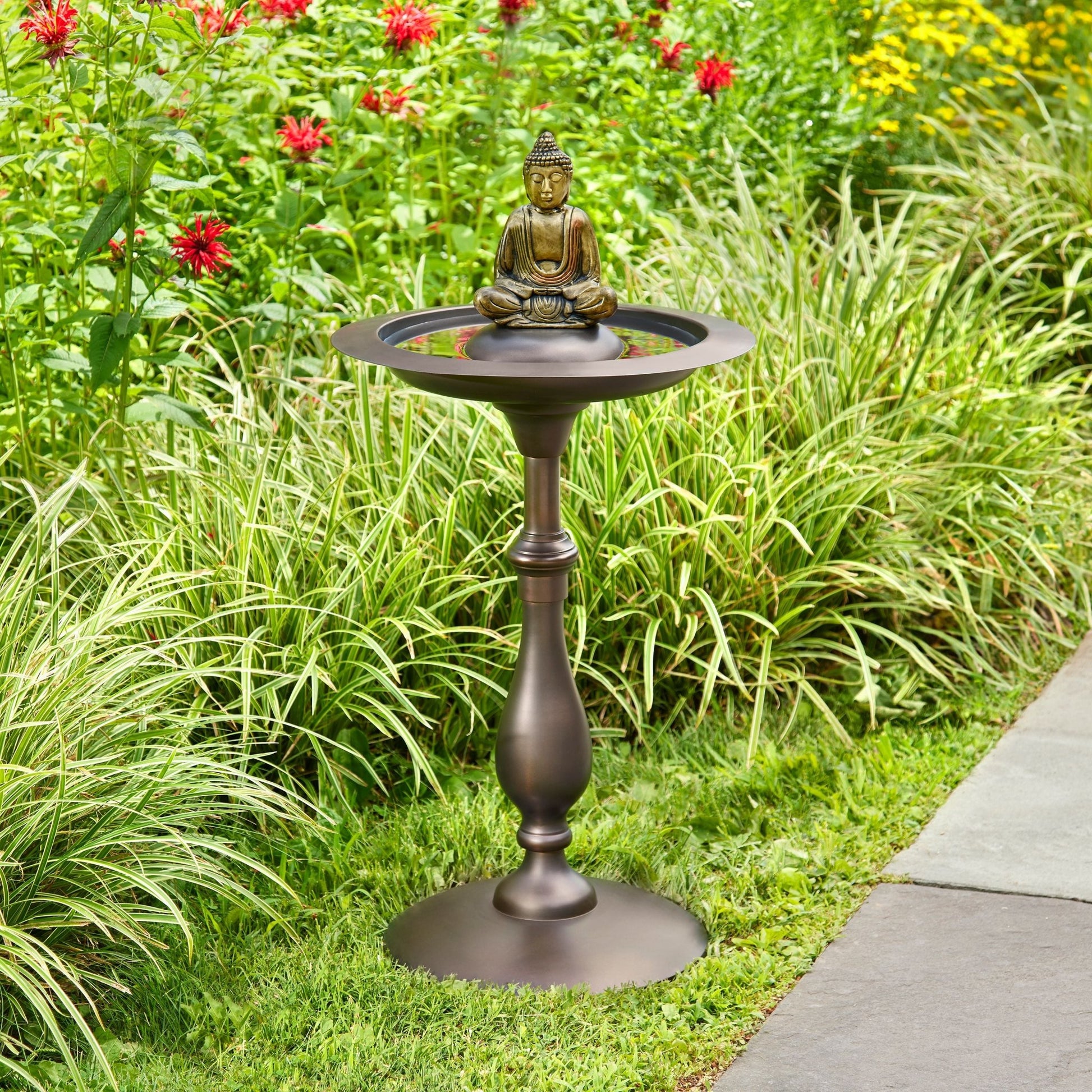 Classic Bronze Bird Bath Pedestal with Buddha - Good Directions