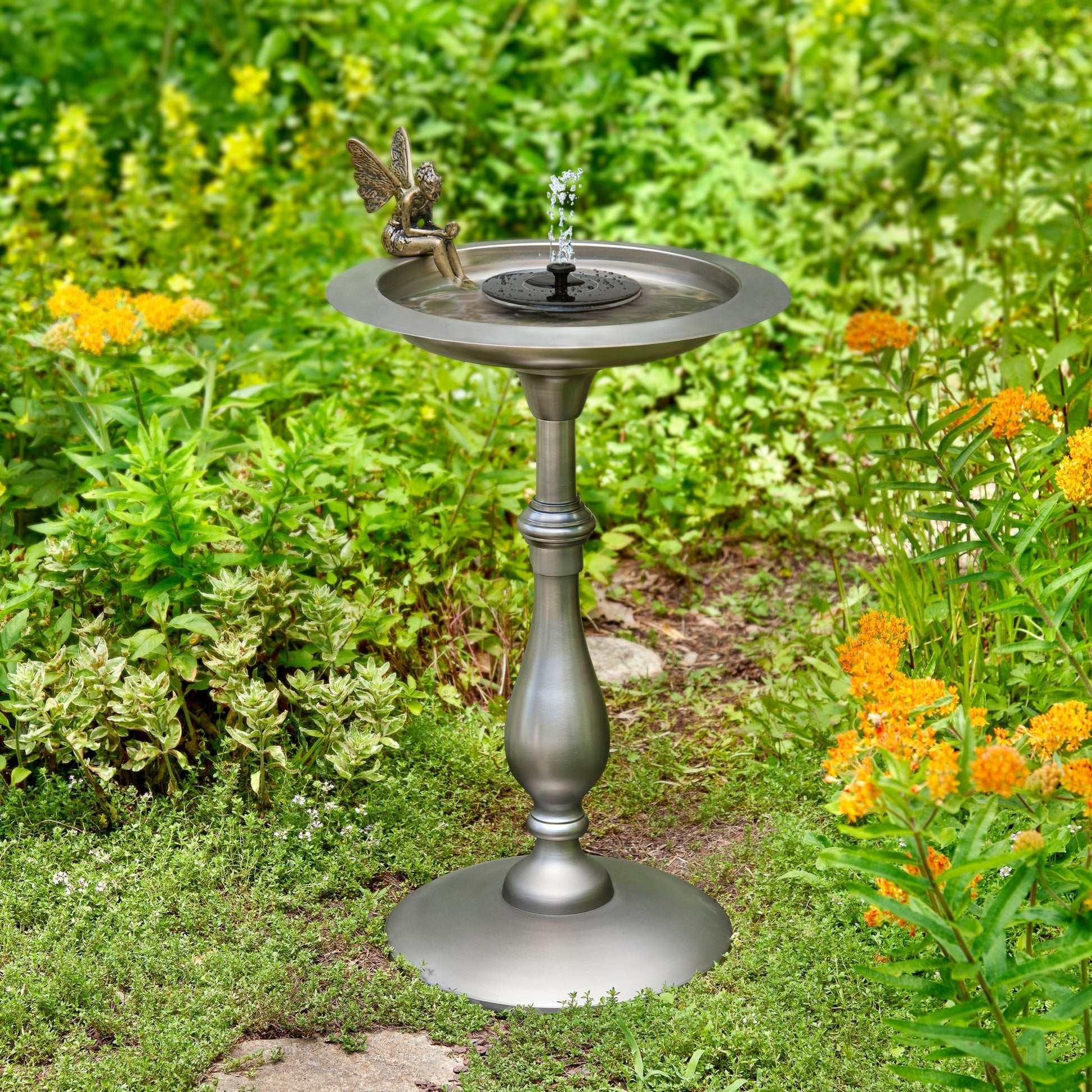 Classic Pewter Bird Bath Pedestal with Fairy - Good Directions